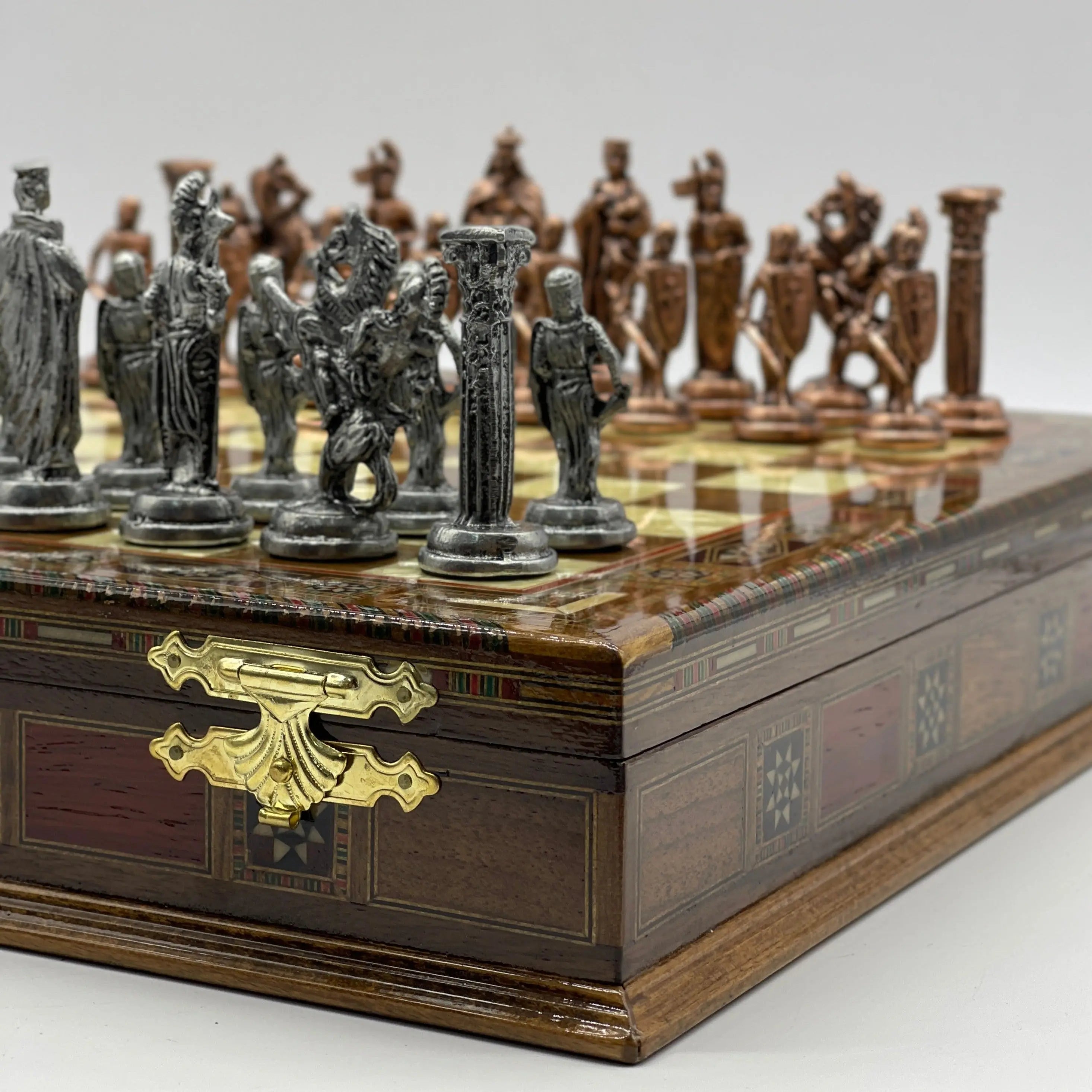 Personalized Walnut Boxed Wooden Chess Set With British Metal Chess Pieces - AsyaWoodArt