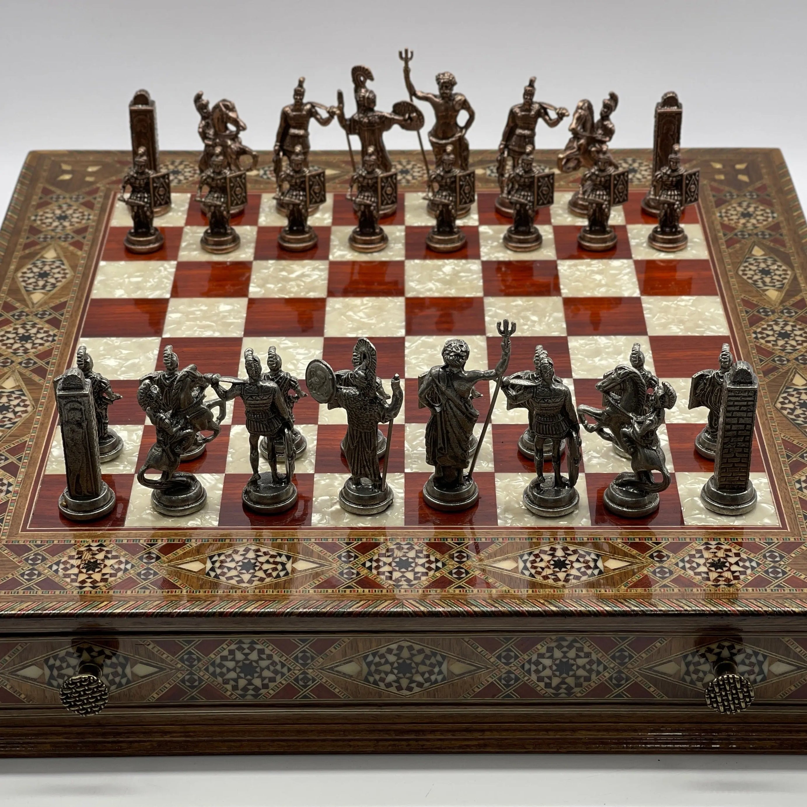 Large Wooden Luxury Handcrafted Rosewood Chess Set with Greek Metal Chess Pieces
