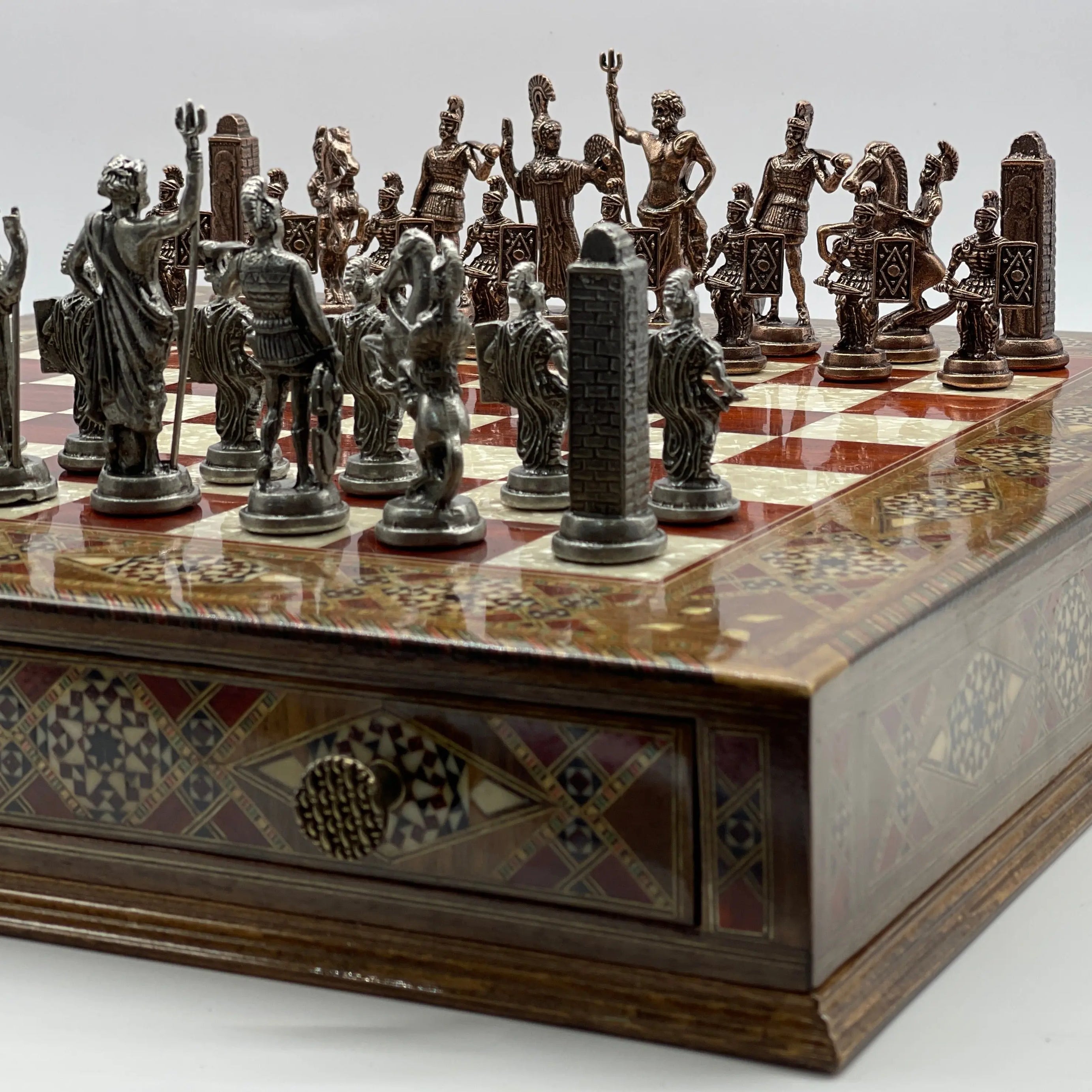 Large Wooden Luxury Handcrafted Rosewood Chess Set with Greek Metal Chess Pieces