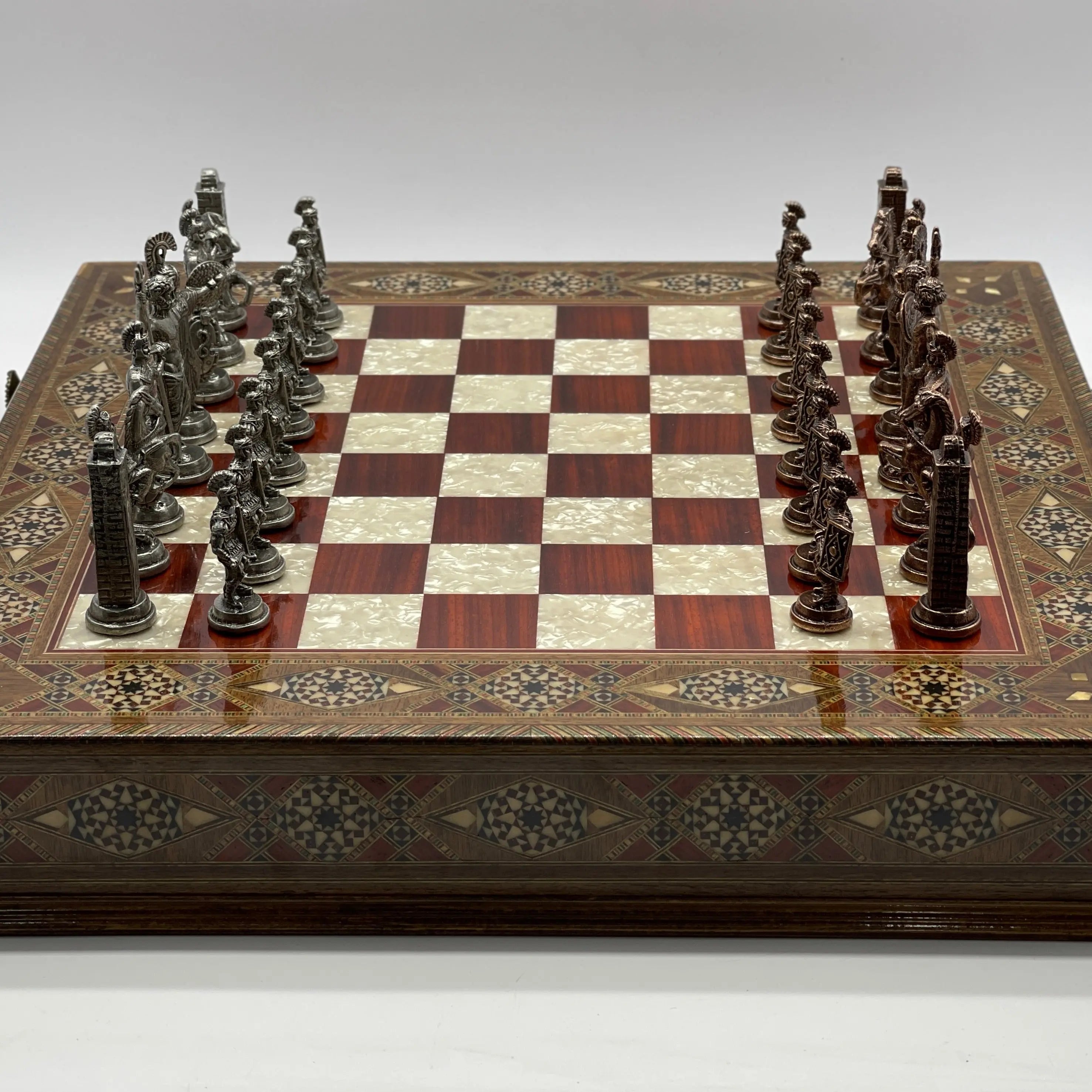 Large Wooden Luxury Handcrafted Rosewood Chess Set with Greek Metal Chess Pieces