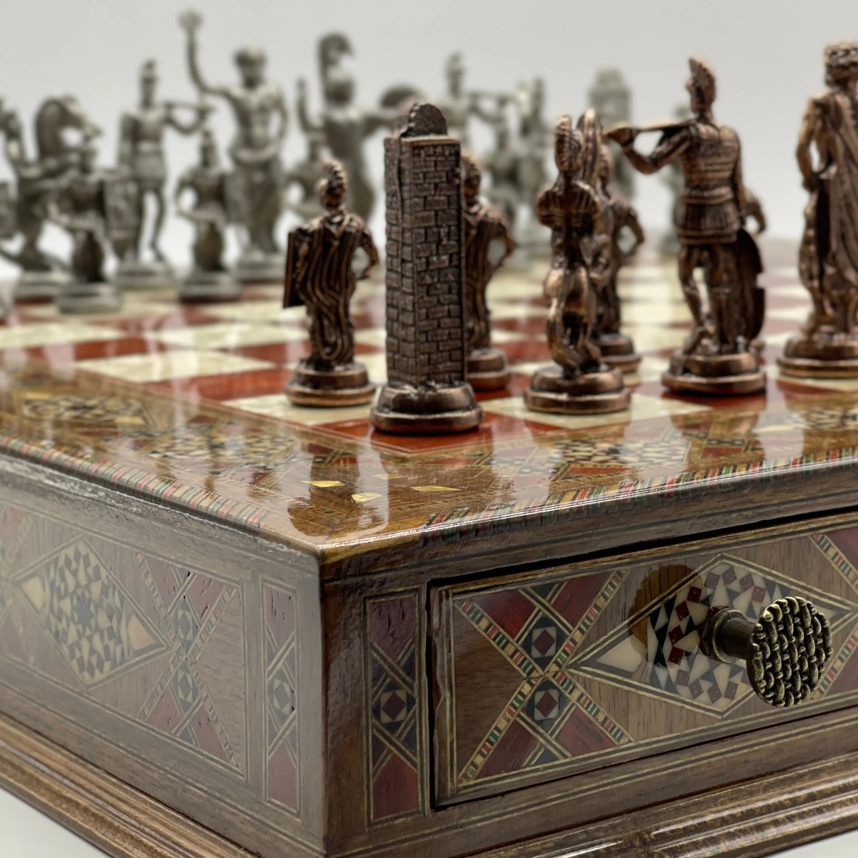 Large Wooden Luxury Handcrafted Rosewood Chess Set with Greek Metal Chess Pieces
