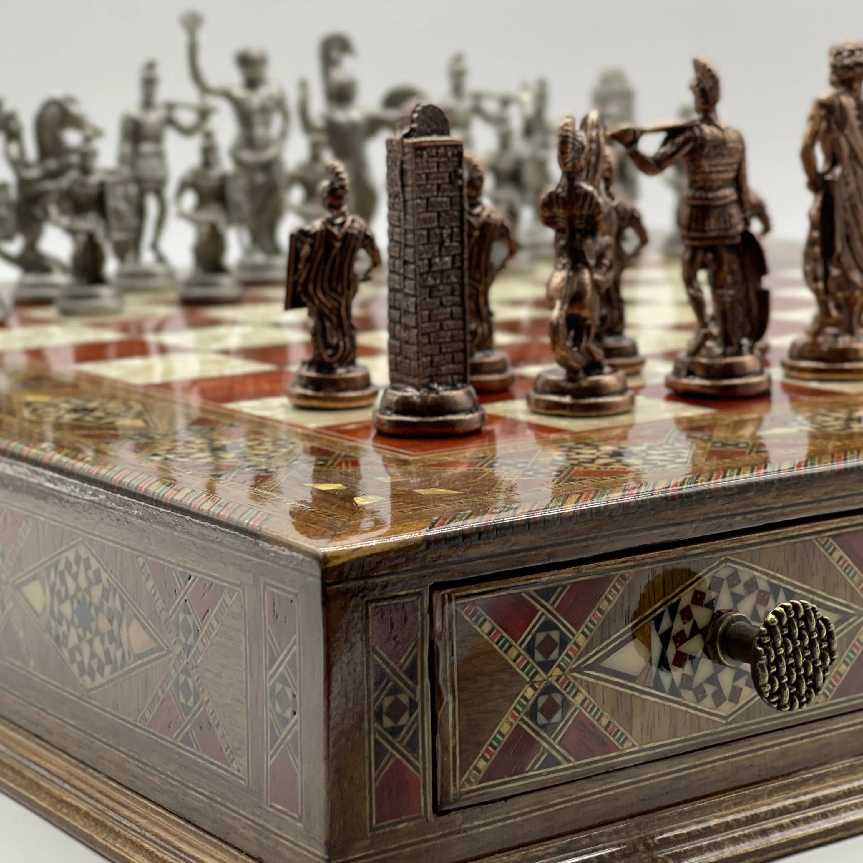 Large Wooden Luxury Handcrafted Rosewood Chess Set with Greek Metal Chess Pieces