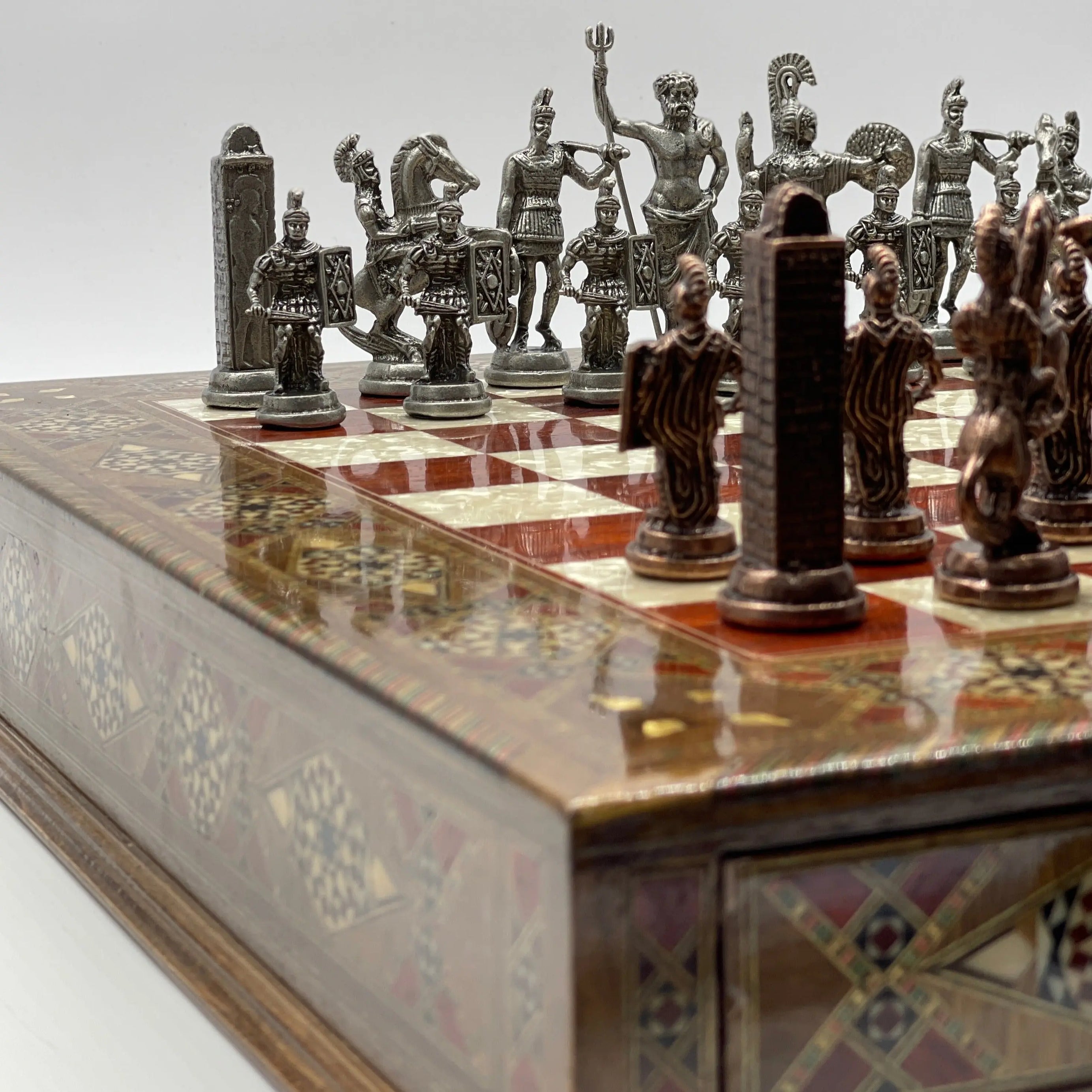 Large Wooden Luxury Handcrafted Rosewood Chess Set with Greek Metal Chess Pieces