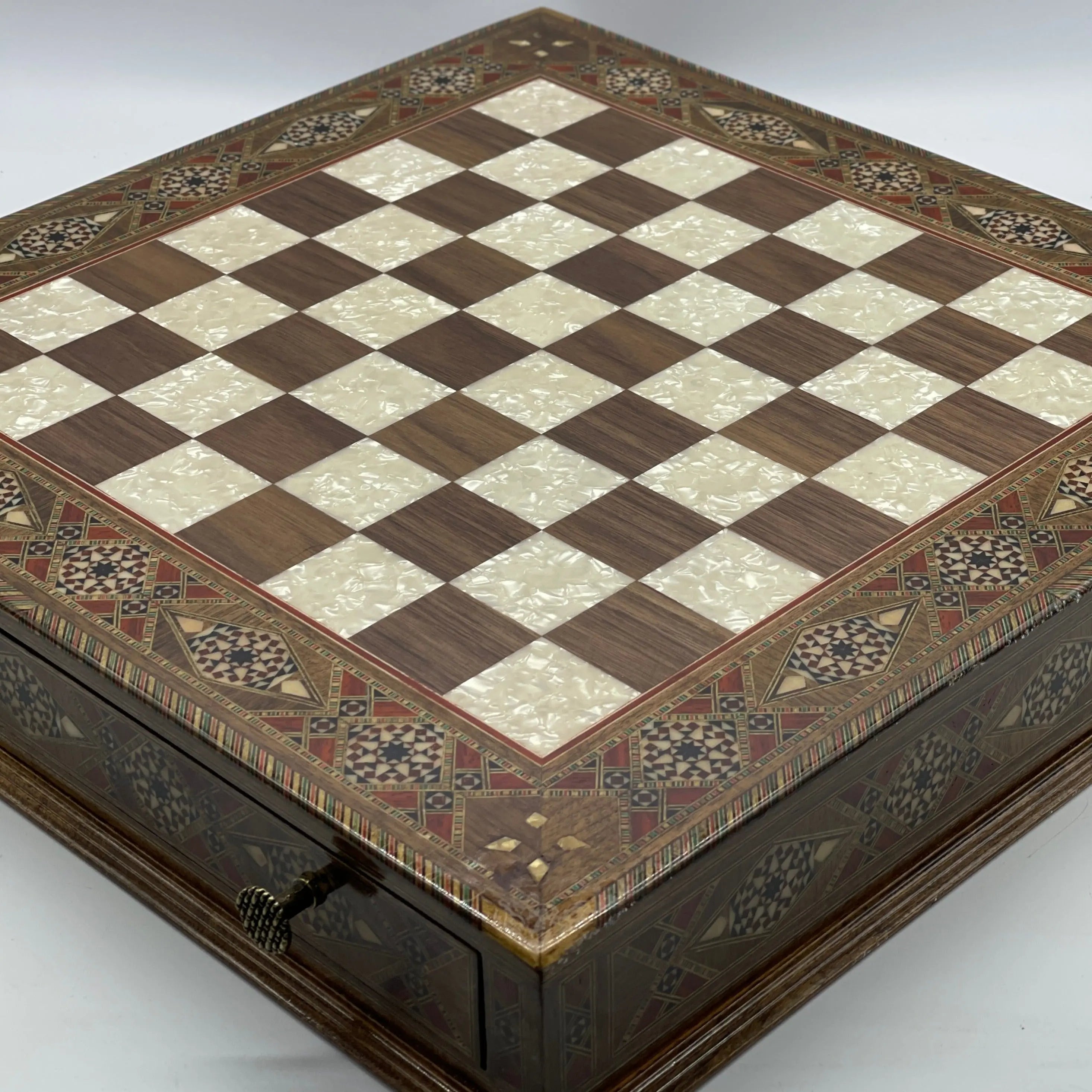 19" Oversized Walnut Chess Board with Metal Chess Pieces Set