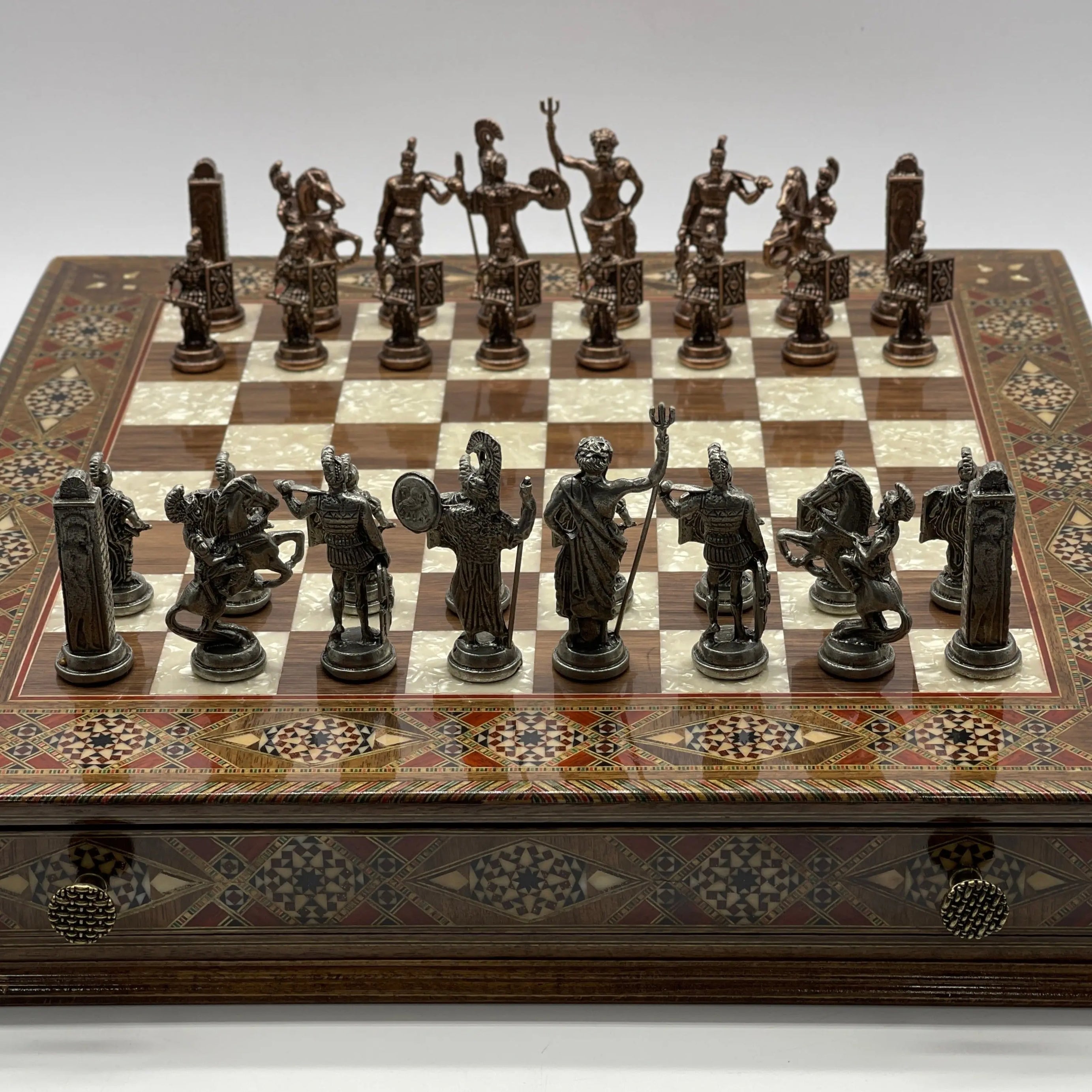 19" Oversized Walnut Chess Board with Metal Chess Pieces Set