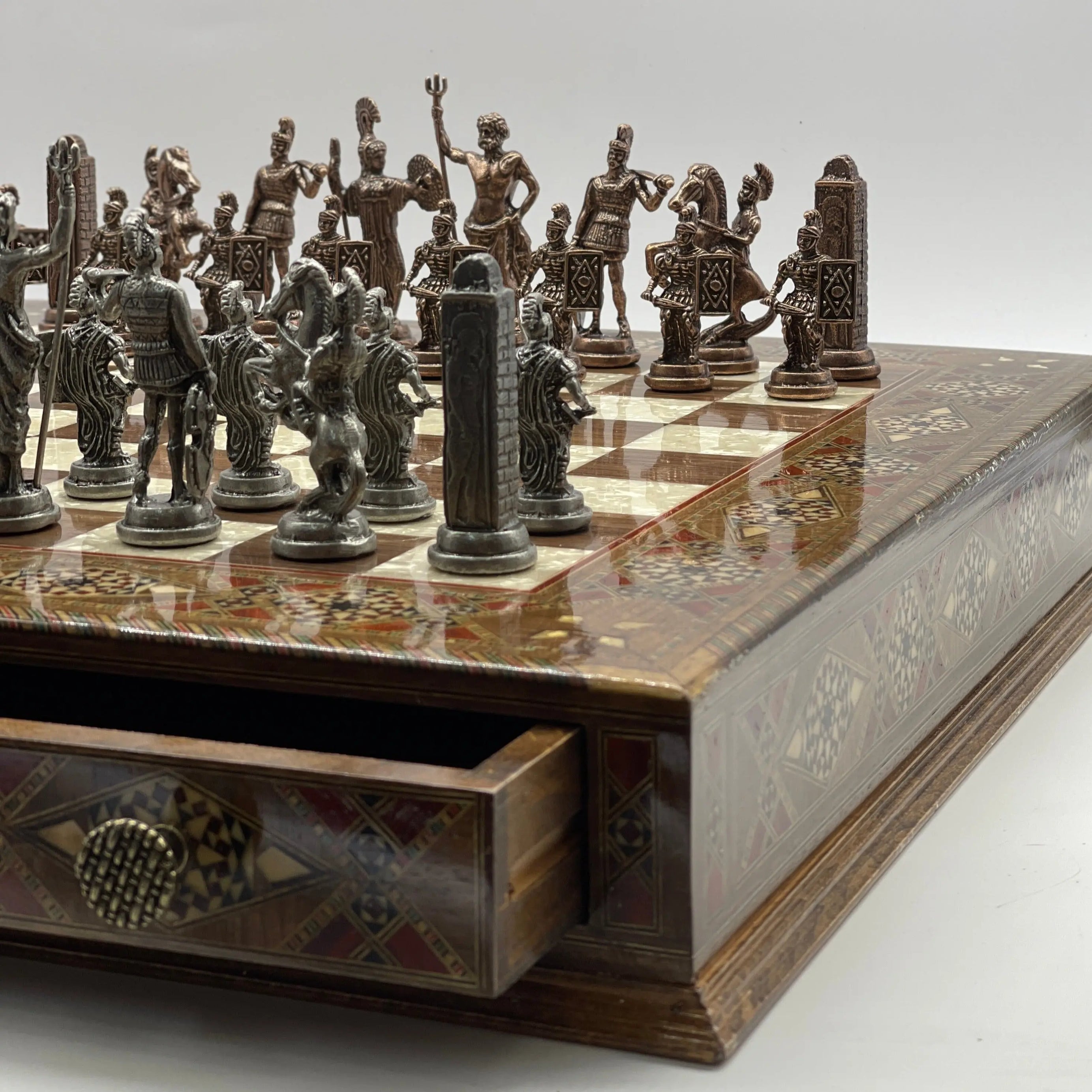 19" Oversized Walnut Chess Board with Metal Chess Pieces Set