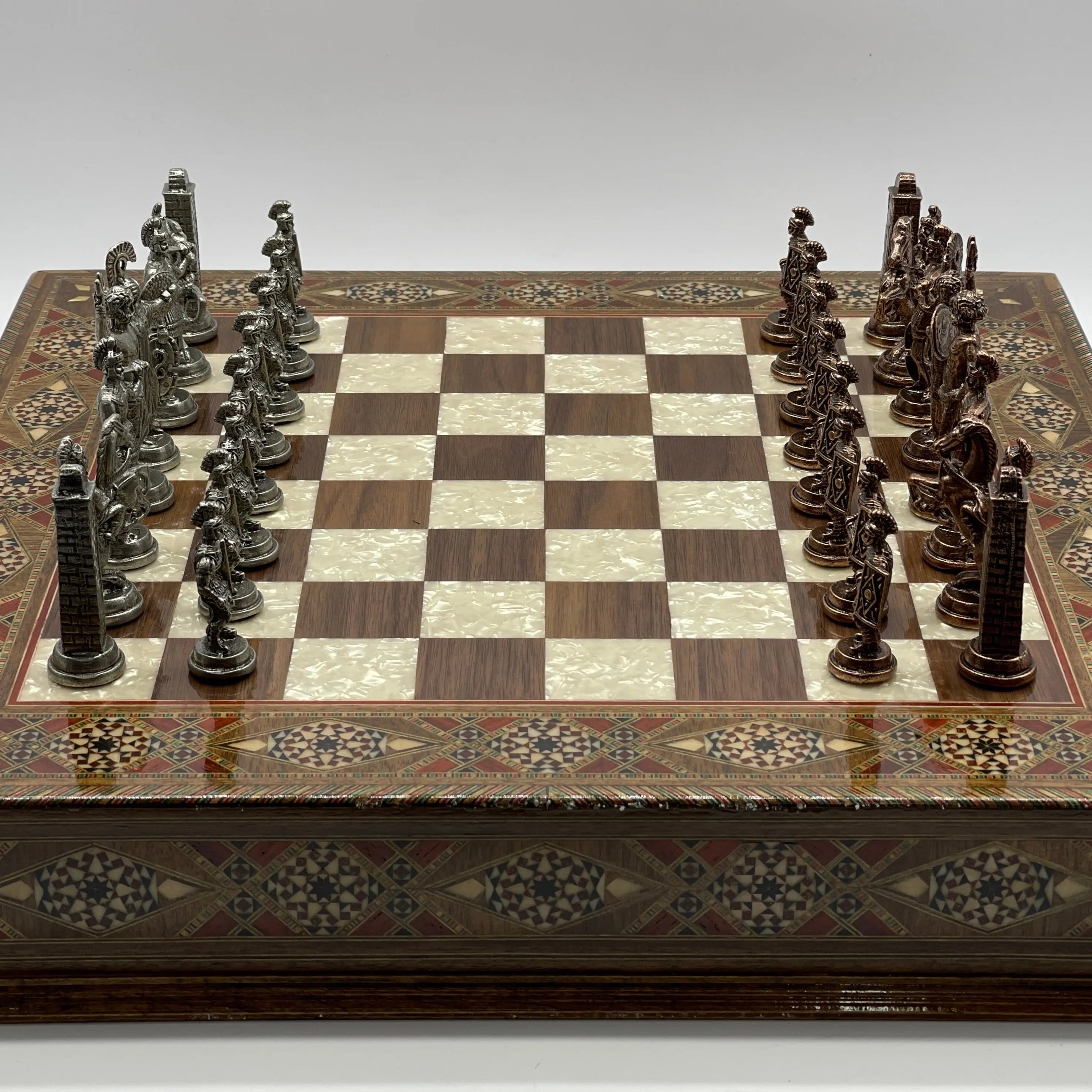 19" Oversized Walnut Chess Board with Metal Chess Pieces Set