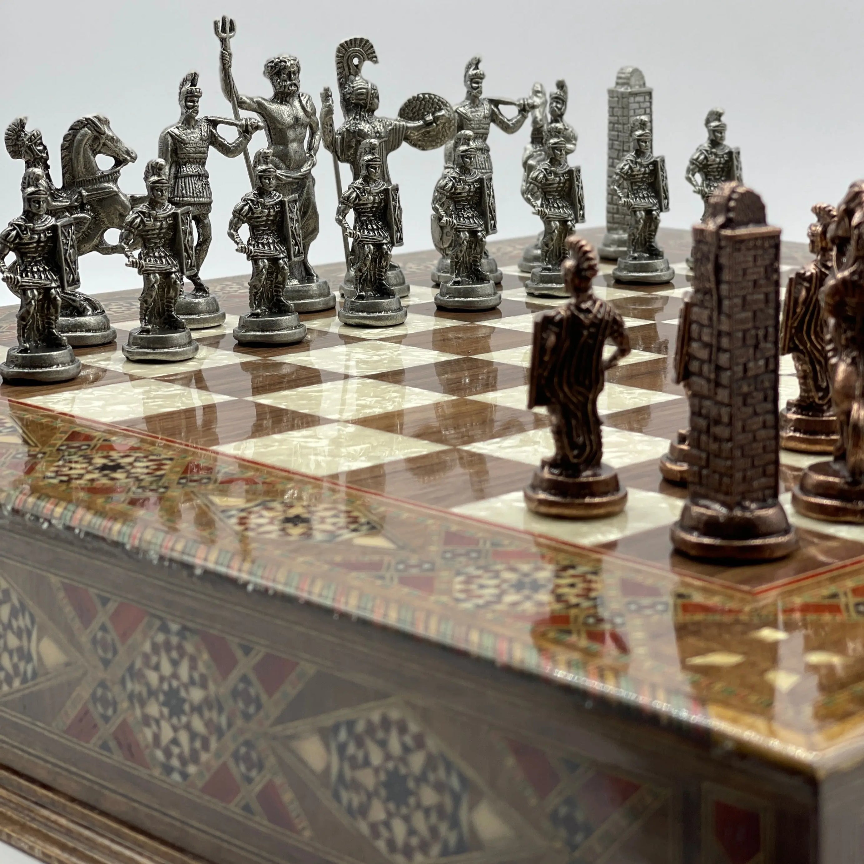 19" Oversized Walnut Chess Board with Metal Chess Pieces Set
