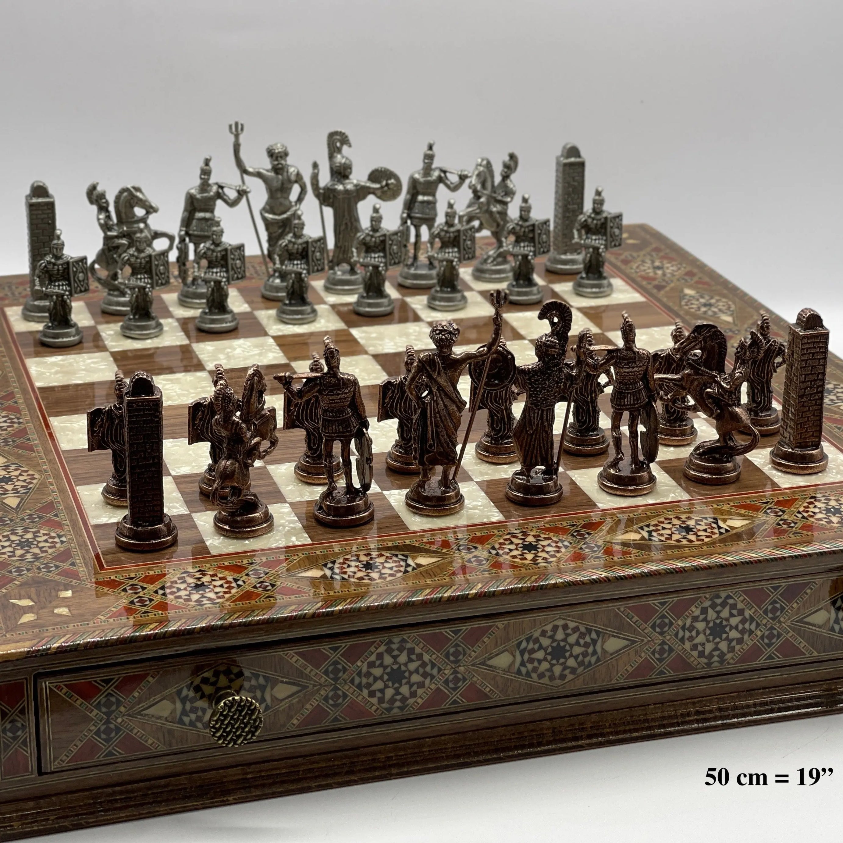 19" Oversized Walnut Chess Board with Metal Chess Pieces Set