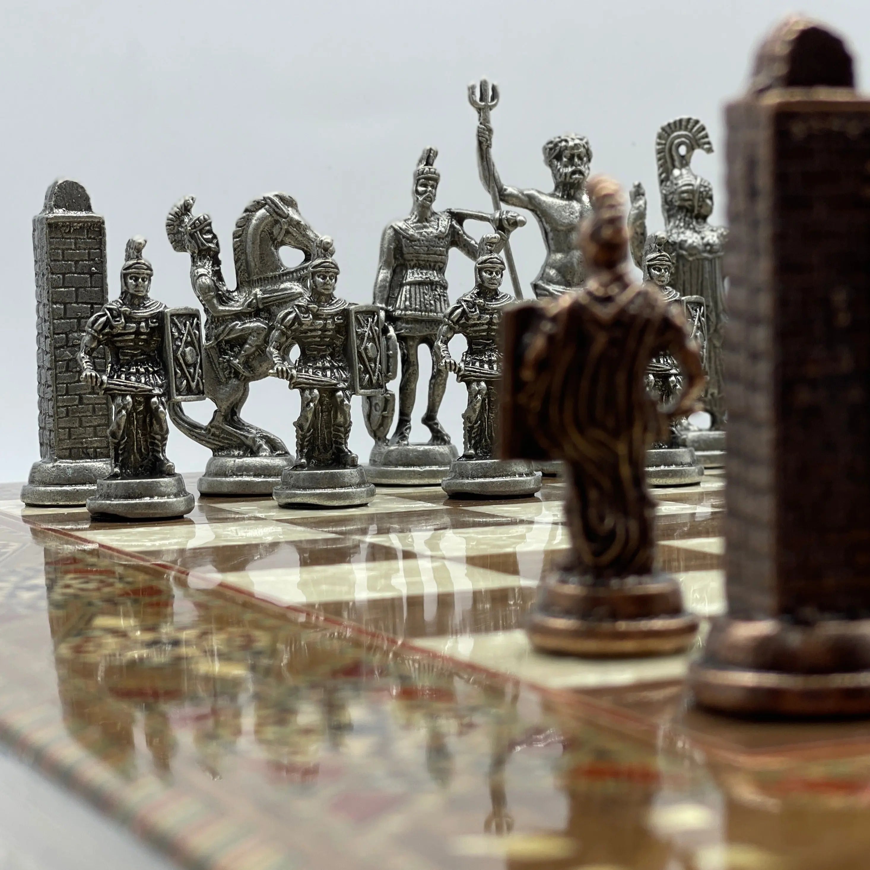 19" Oversized Walnut Chess Board with Metal Chess Pieces Set