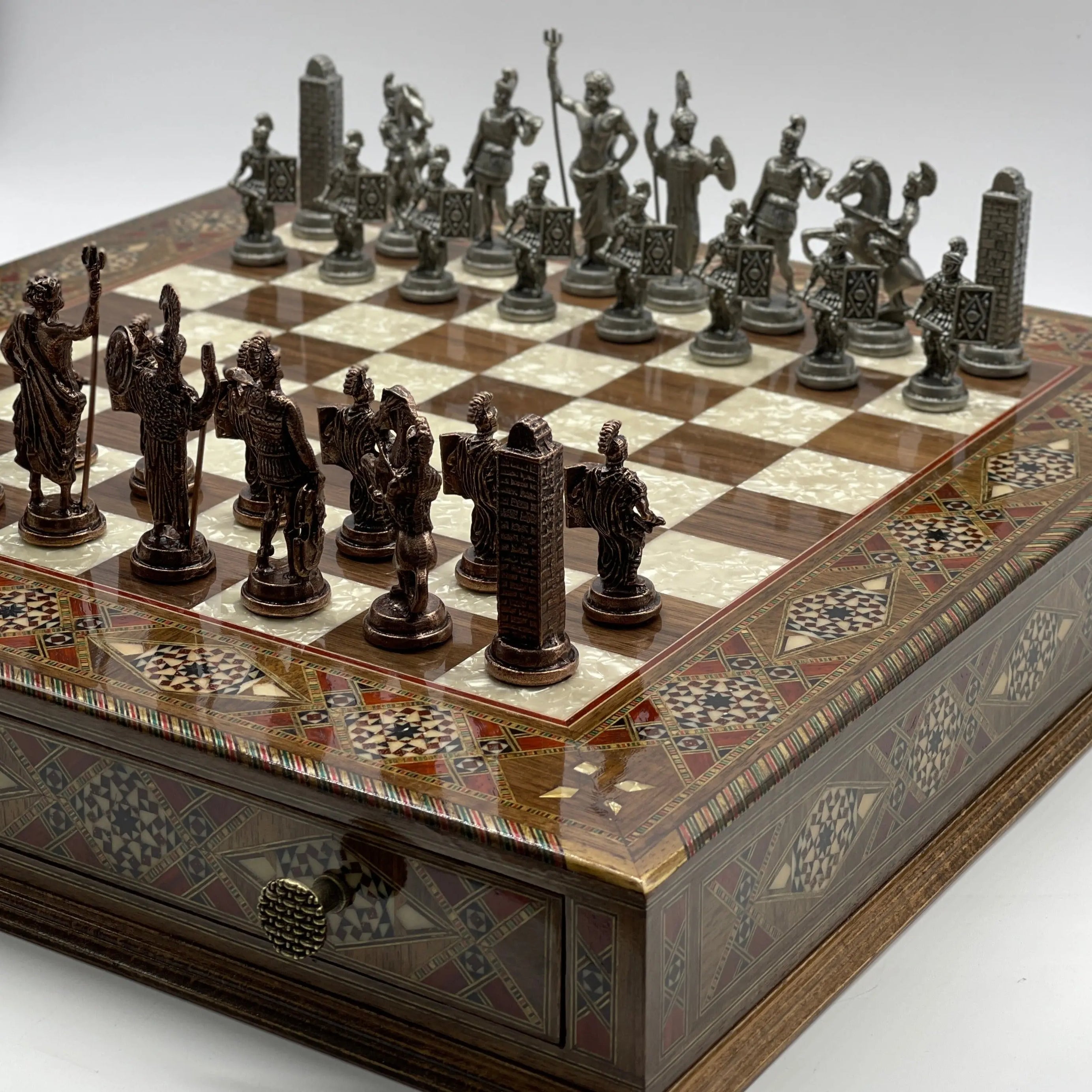 19" Oversized Walnut Chess Board with Metal Chess Pieces Set