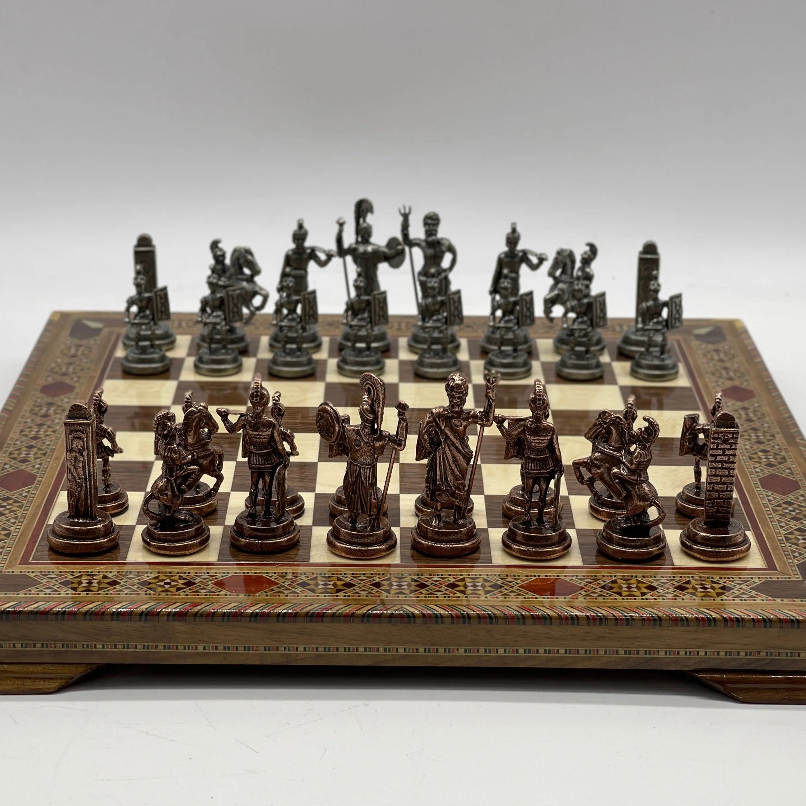 13" Personalized Walnut Chess Board with Greek Metal Chess Pieces