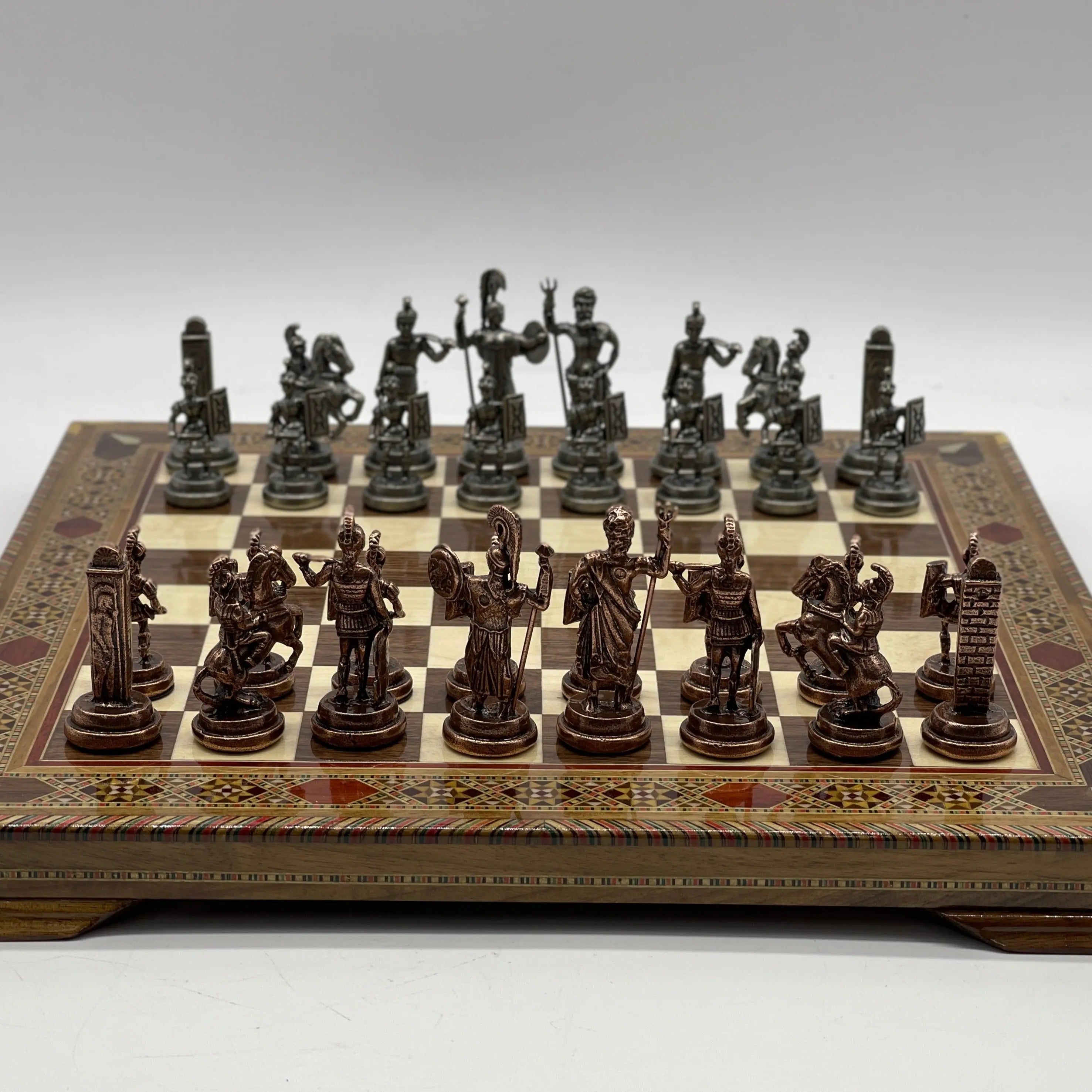 13" Personalized Walnut Chess Board with Greek Metal Chess Pieces