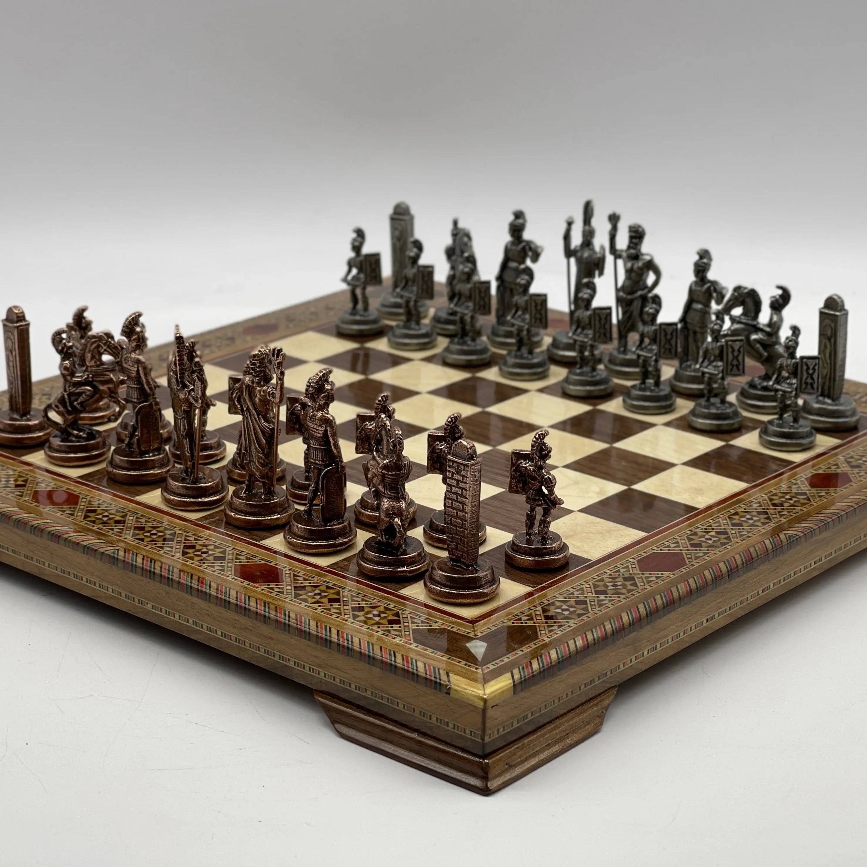 13" Personalized Walnut Chess Board with Greek Metal Chess Pieces