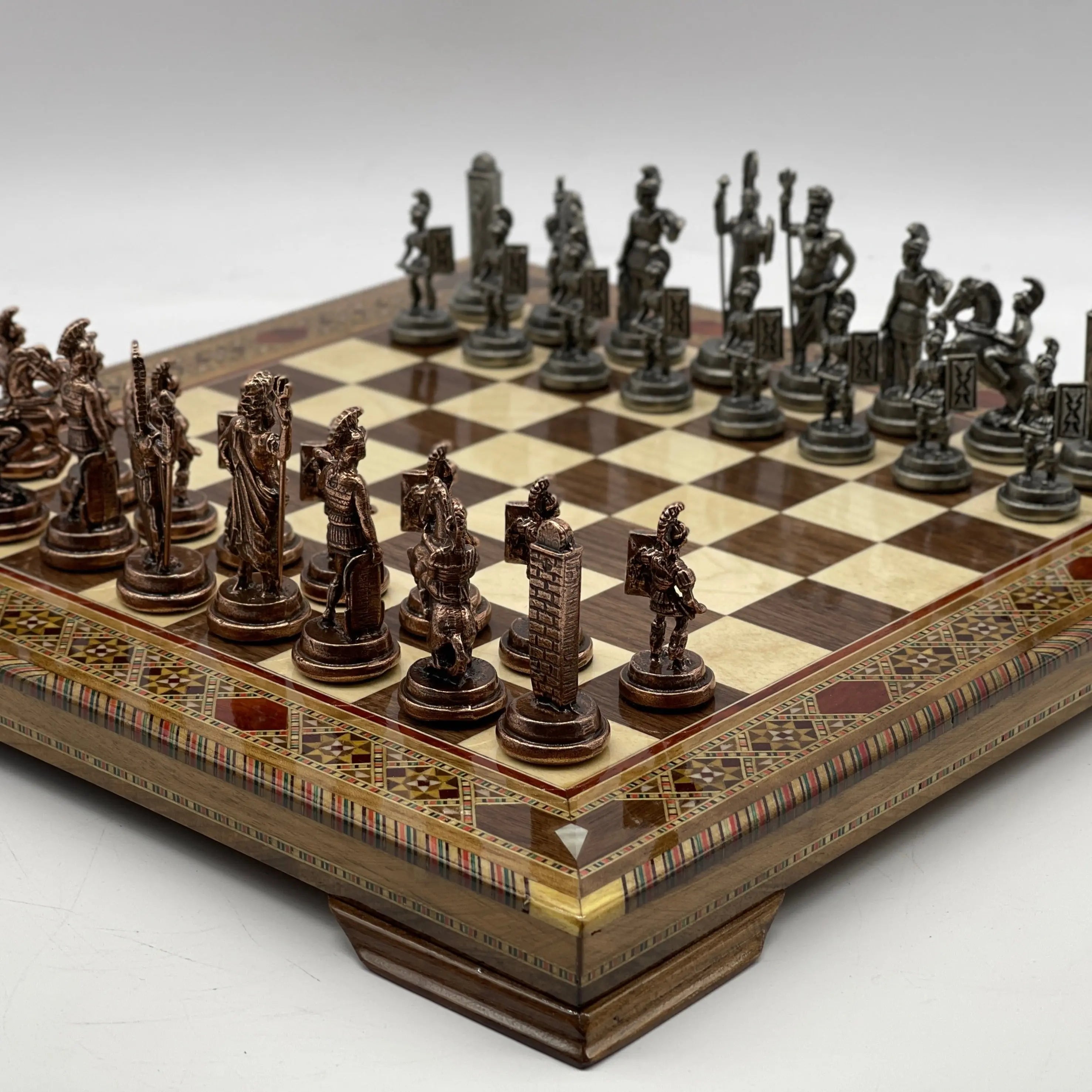 13" Personalized Walnut Chess Board with Greek Metal Chess Pieces