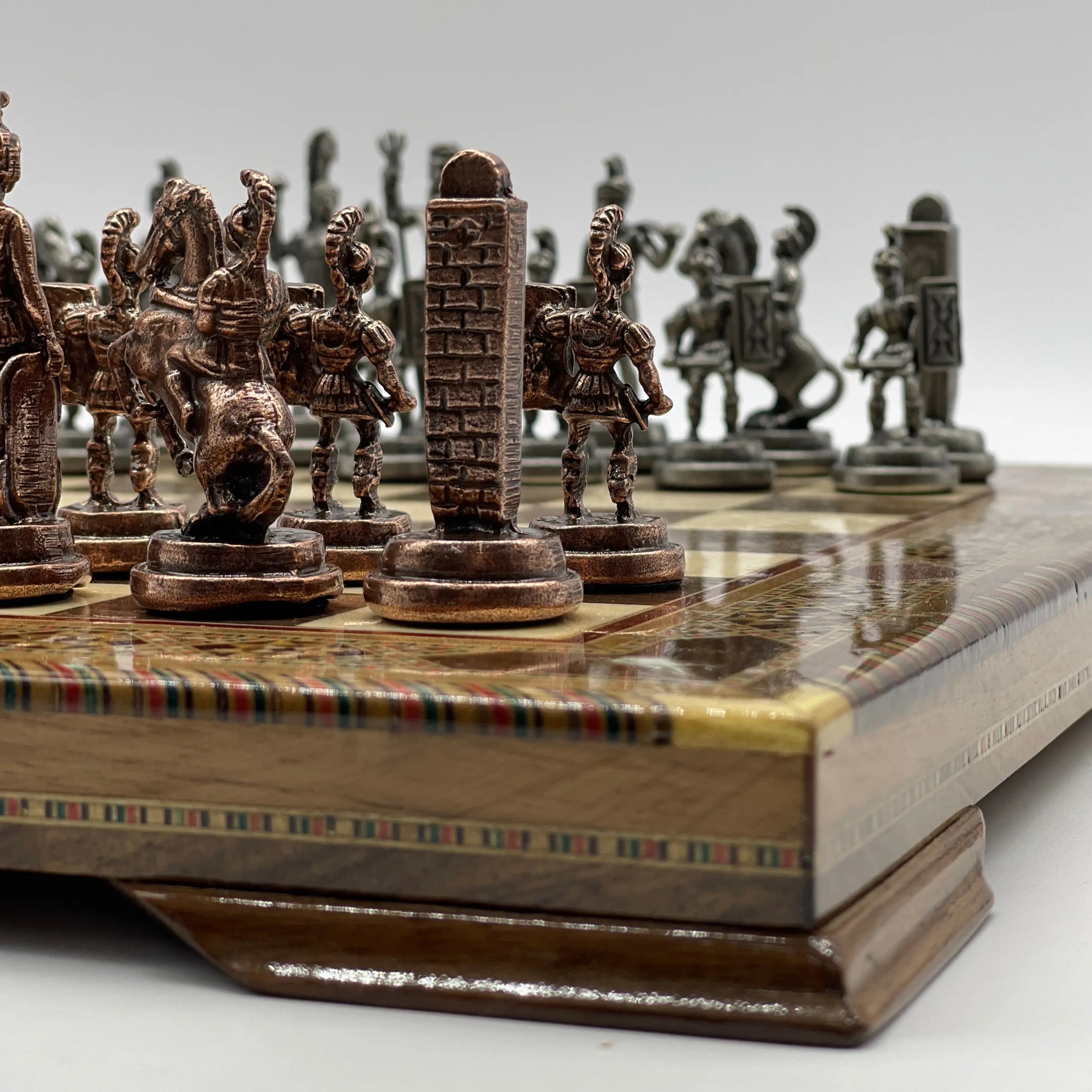 13" Personalized Walnut Chess Board with Greek Metal Chess Pieces