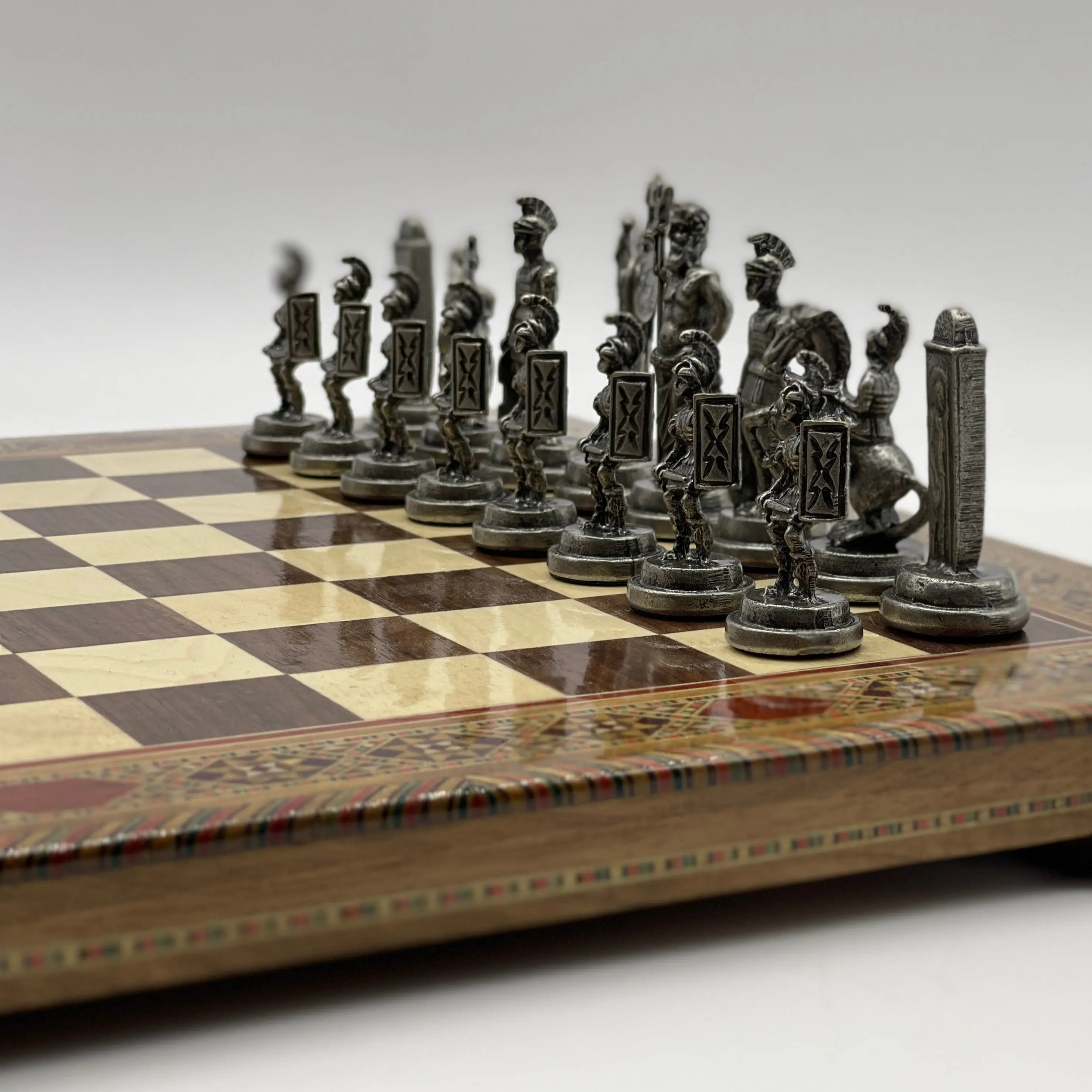 13" Personalized Walnut Chess Board with Greek Metal Chess Pieces