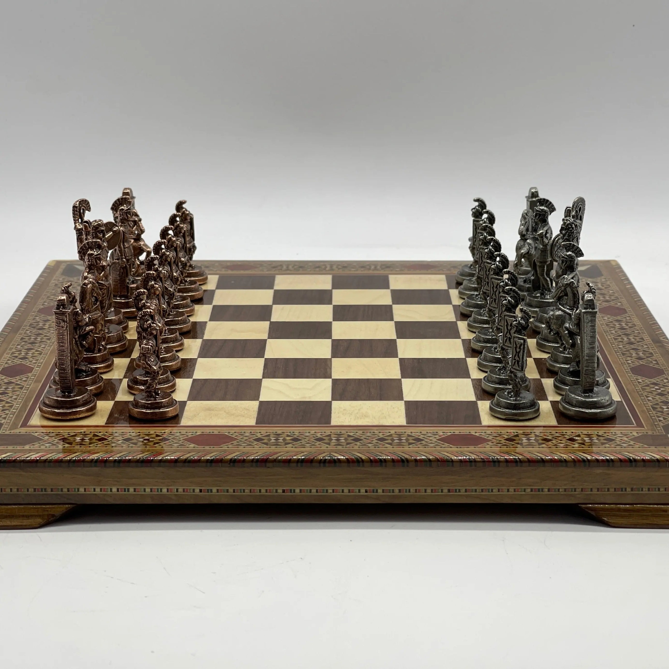 13" Personalized Walnut Chess Board with Greek Metal Chess Pieces