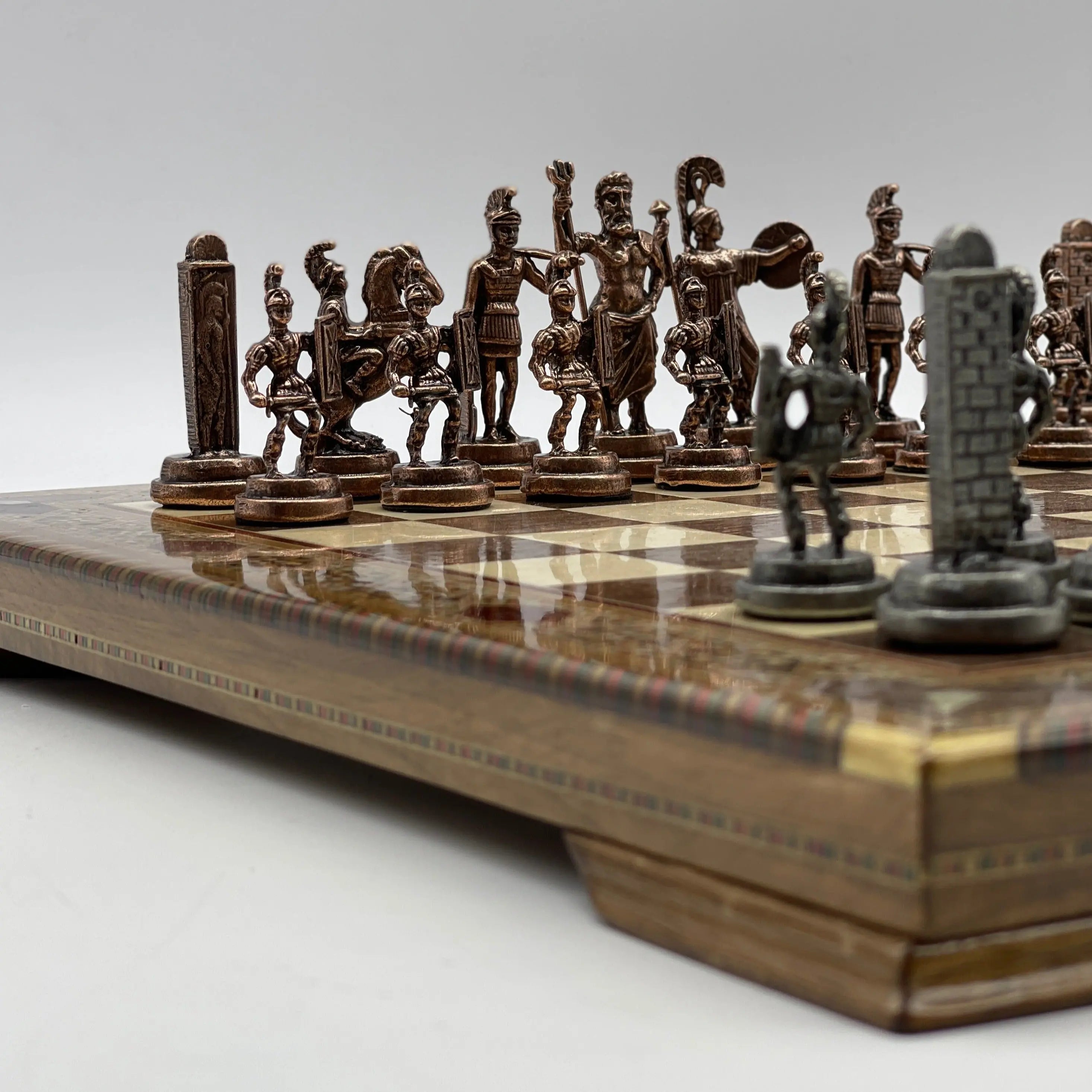 13" Personalized Walnut Chess Board with Greek Metal Chess Pieces