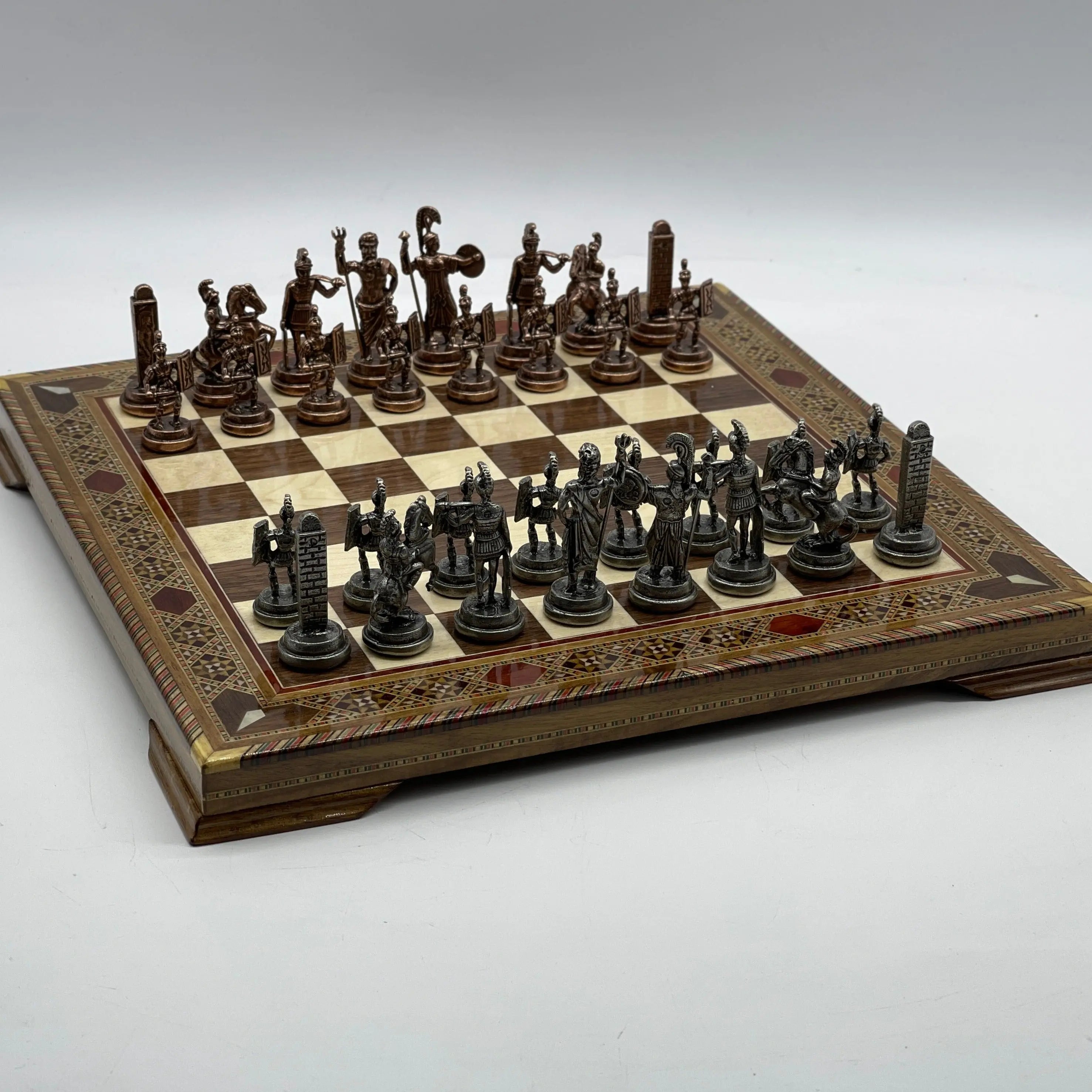 13" Personalized Walnut Chess Board with Greek Metal Chess Pieces