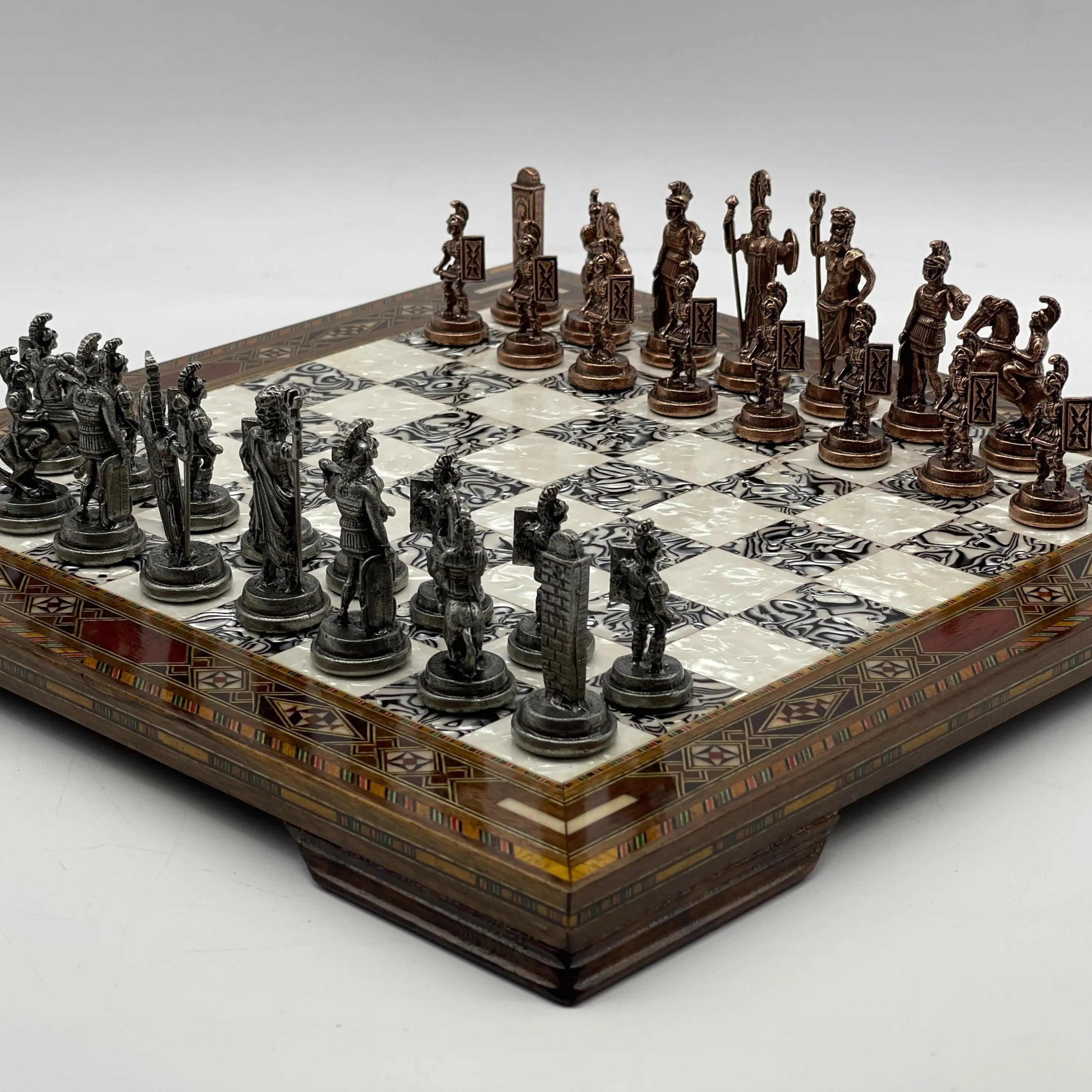 13" Personalized Wooden Silver Chess Board with Greek Metal Chess Pieces