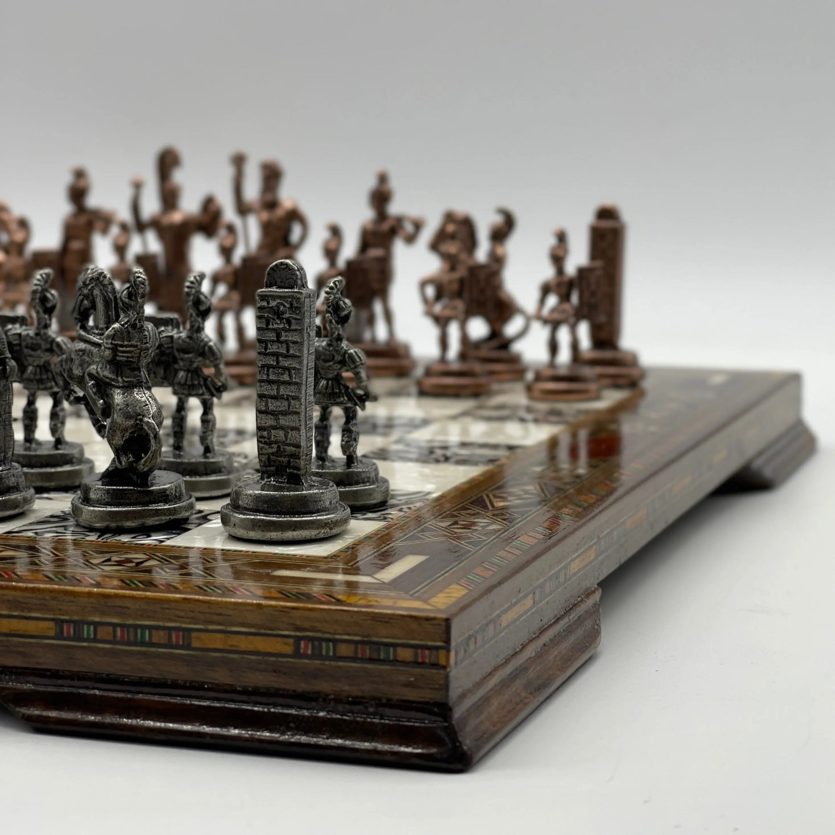 13" Personalized Wooden Silver Chess Board with Greek Metal Chess Pieces