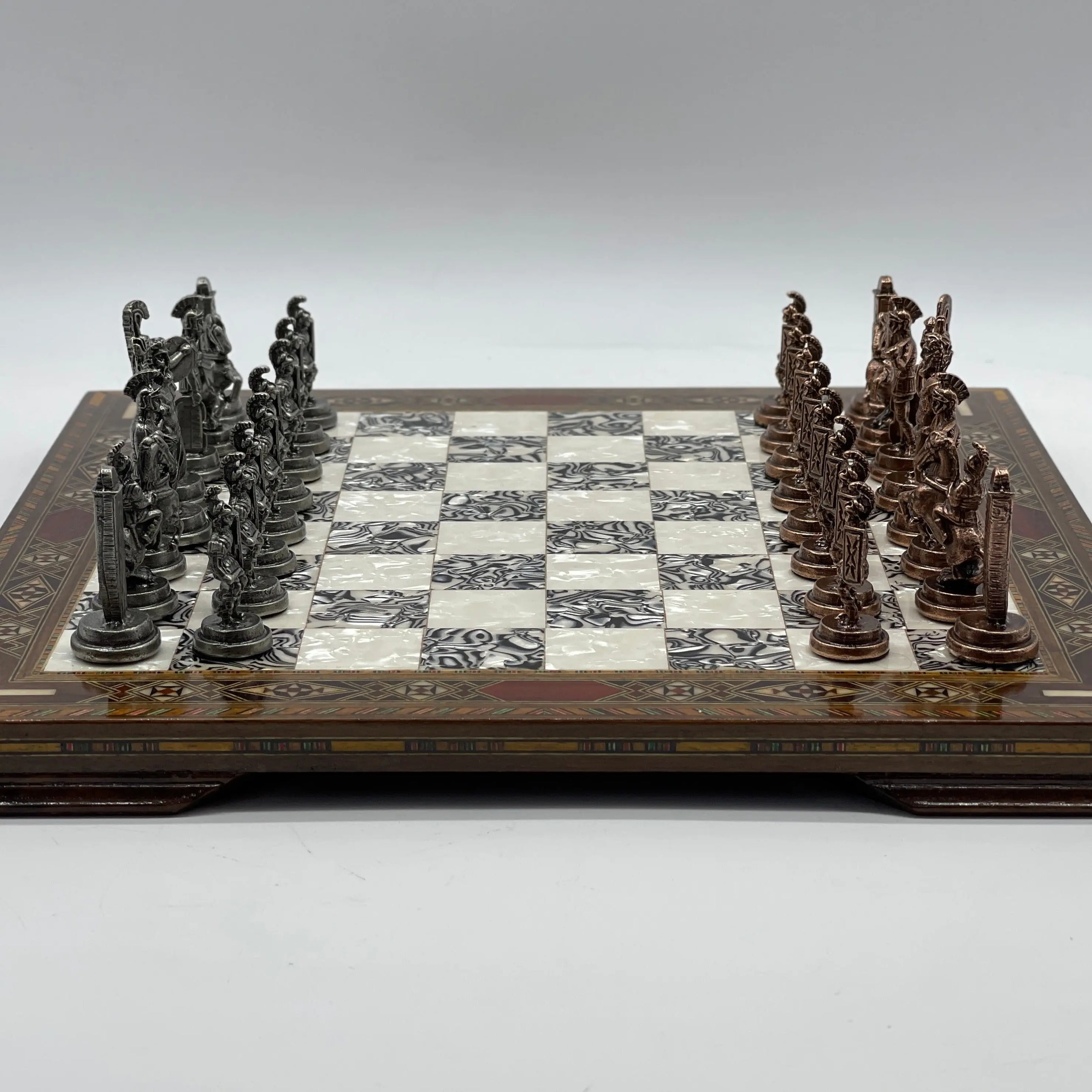 13" Personalized Wooden Silver Chess Board with Greek Metal Chess Pieces