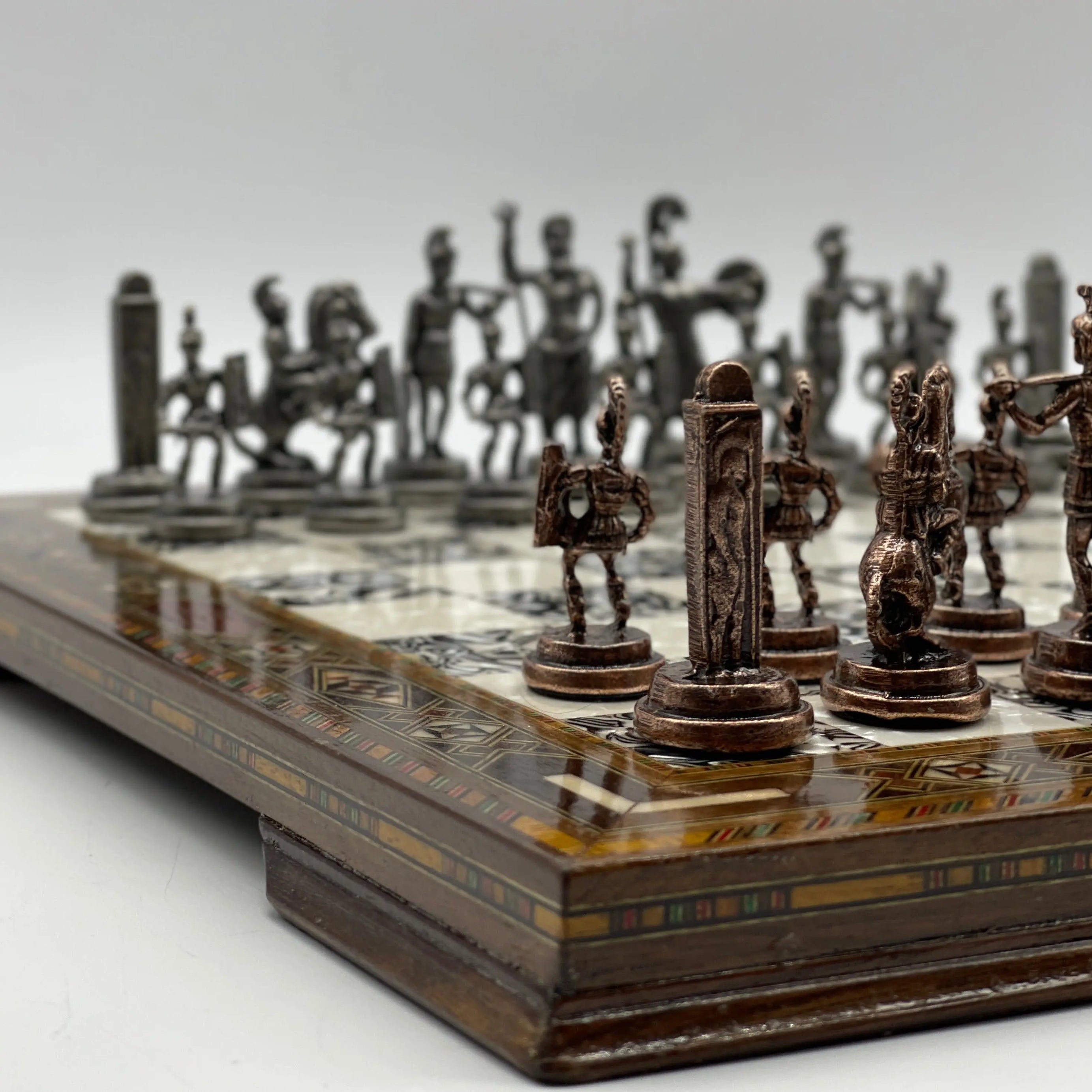13" Personalized Wooden Silver Chess Board with Greek Metal Chess Pieces