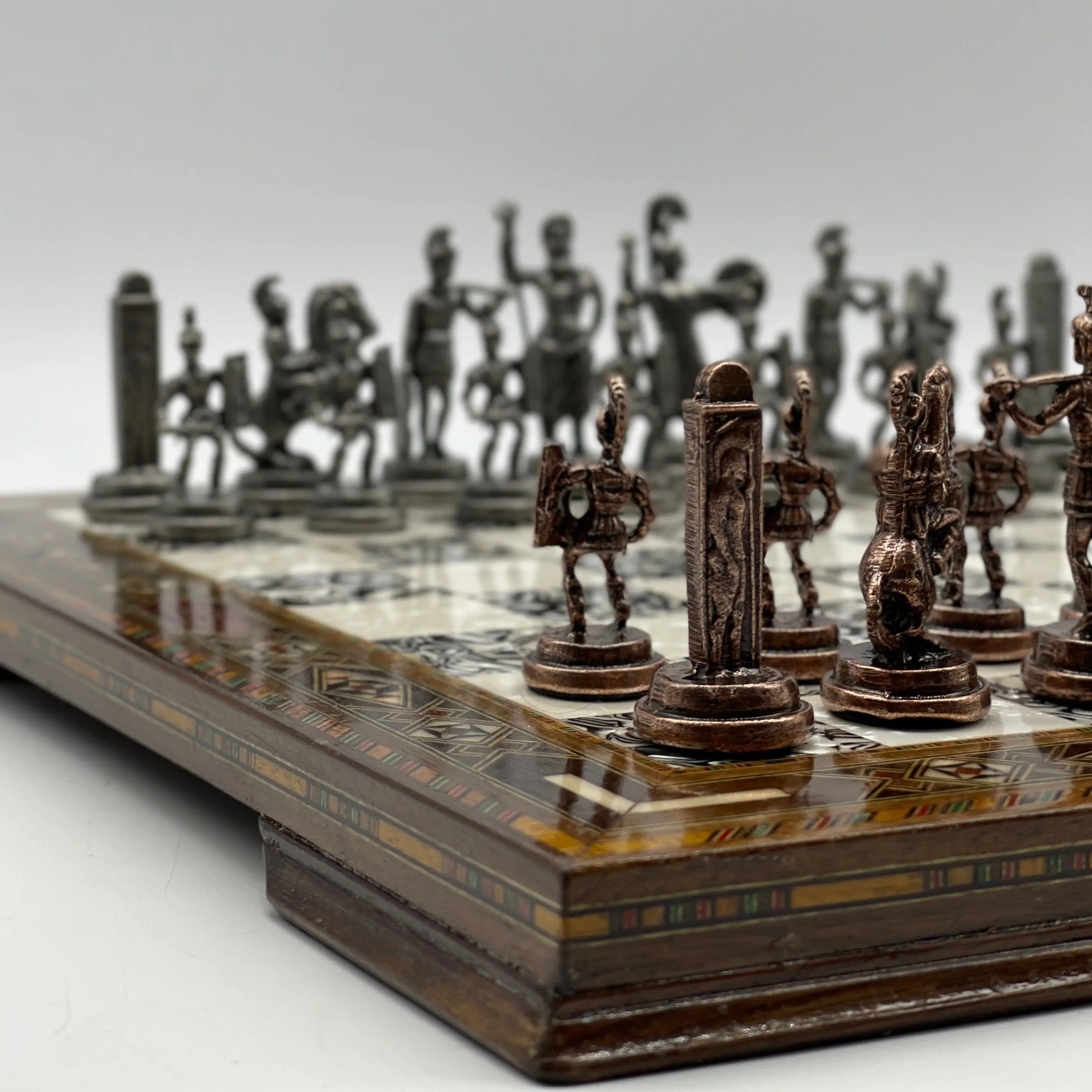 13" Personalized Wooden Silver Chess Board with Greek Metal Chess Pieces