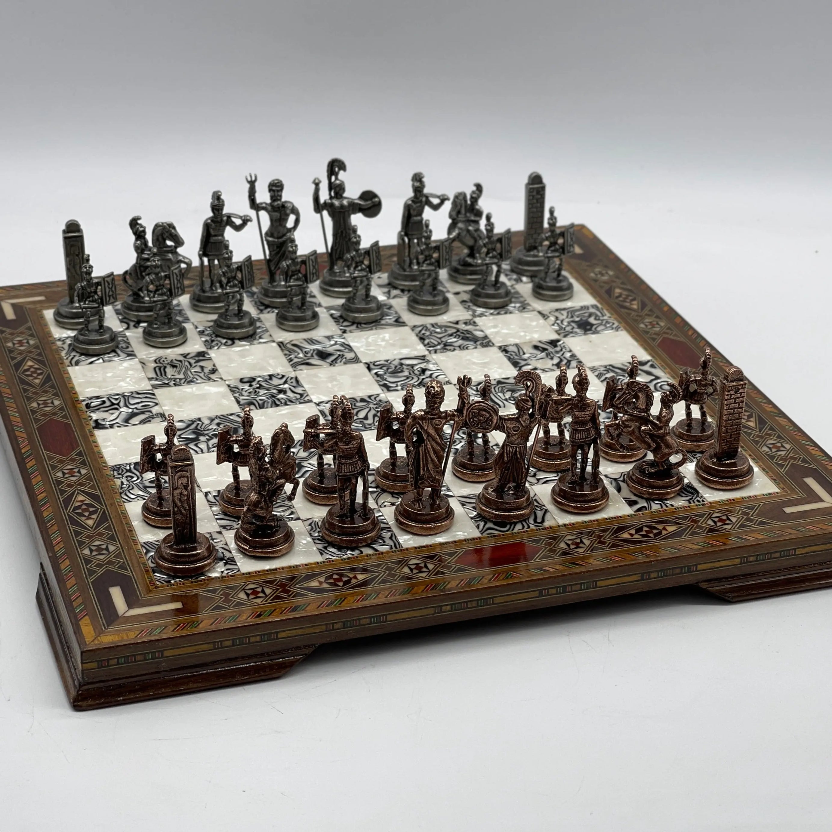 13" Personalized Wooden Silver Chess Board with Greek Metal Chess Pieces
