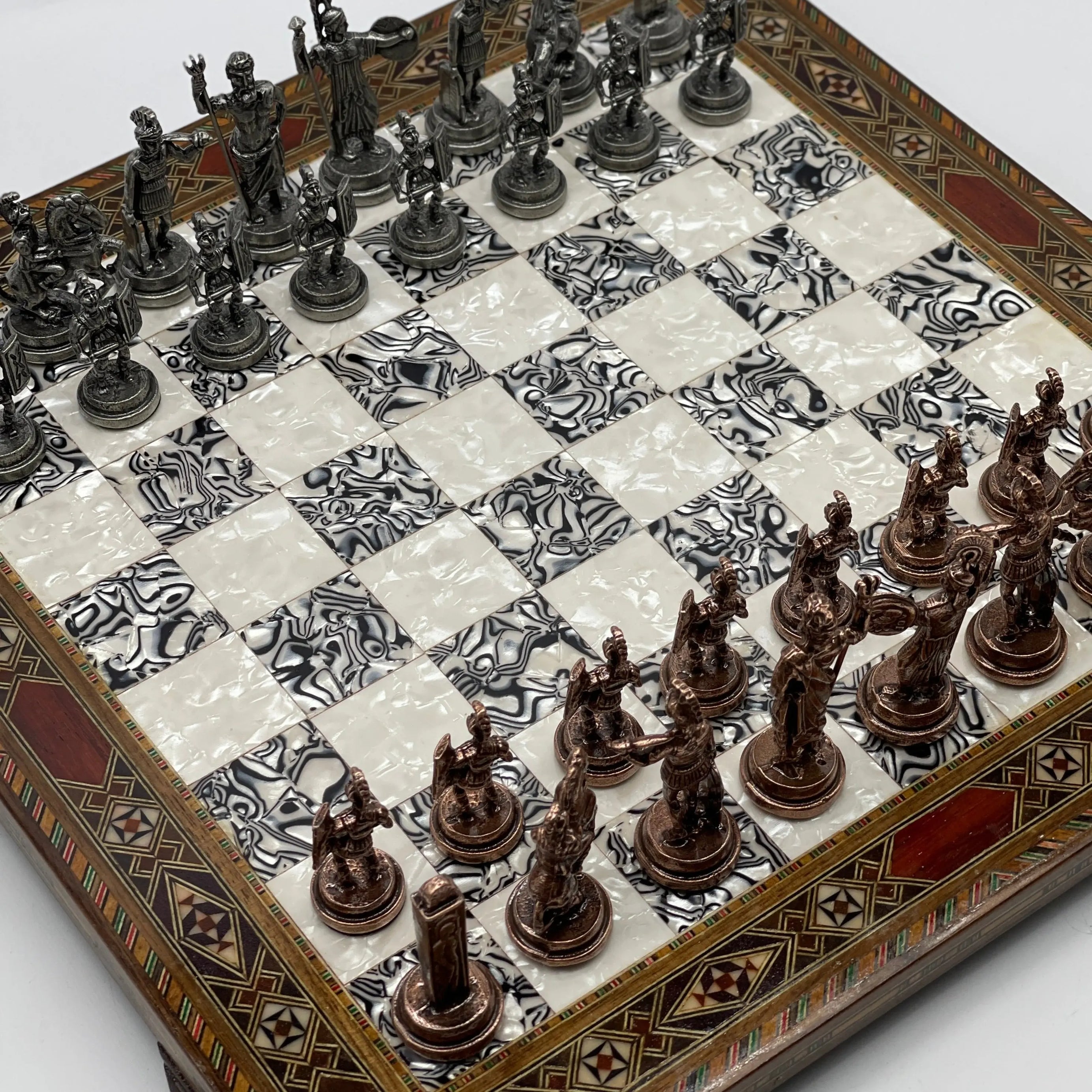 13" Personalized Wooden Silver Chess Board with Greek Metal Chess Pieces