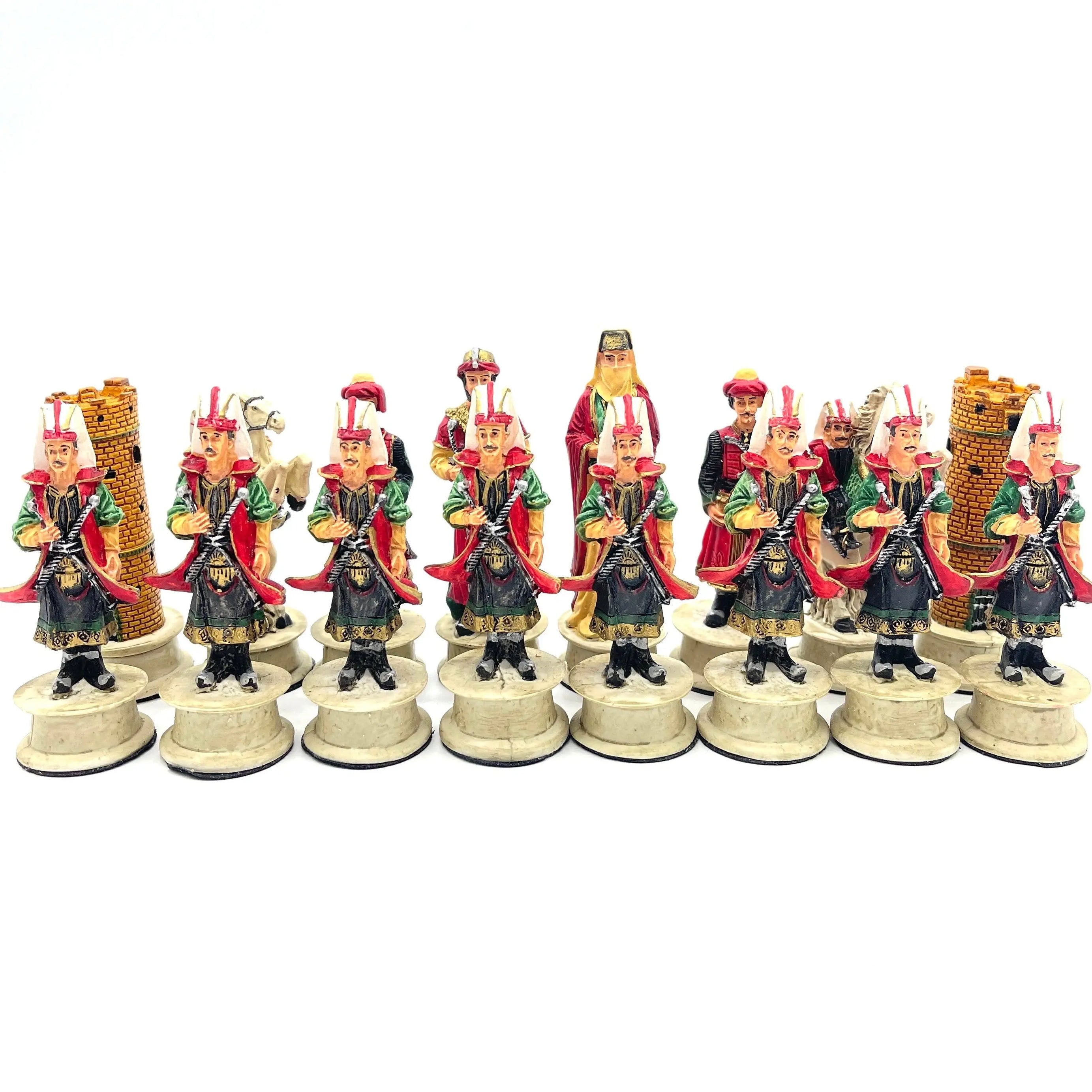 Handmade Red Ottomans & Blue Crusaders Polyester Chess Pieces Set