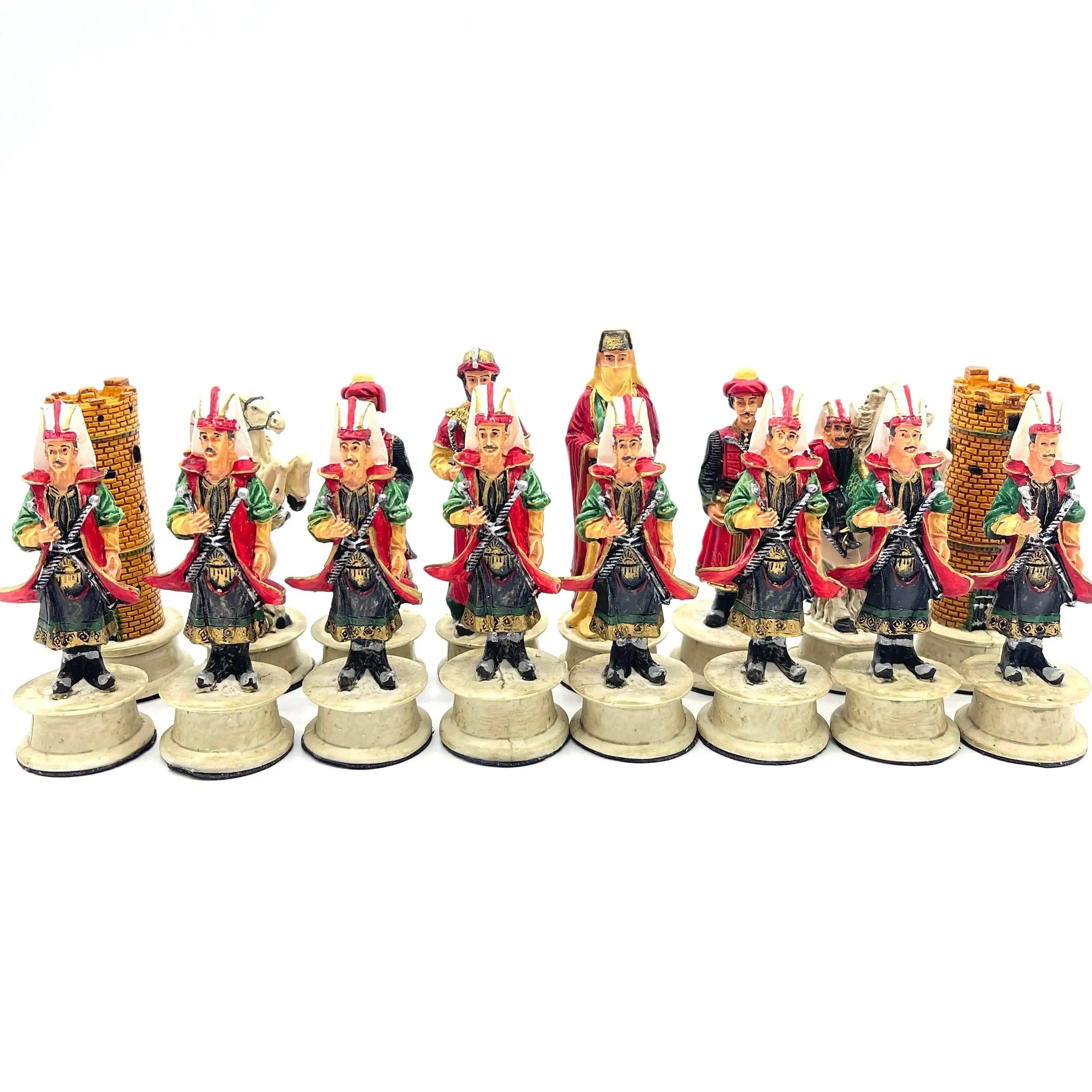 Handmade Red Ottomans & Blue Crusaders Polyester Chess Pieces Set