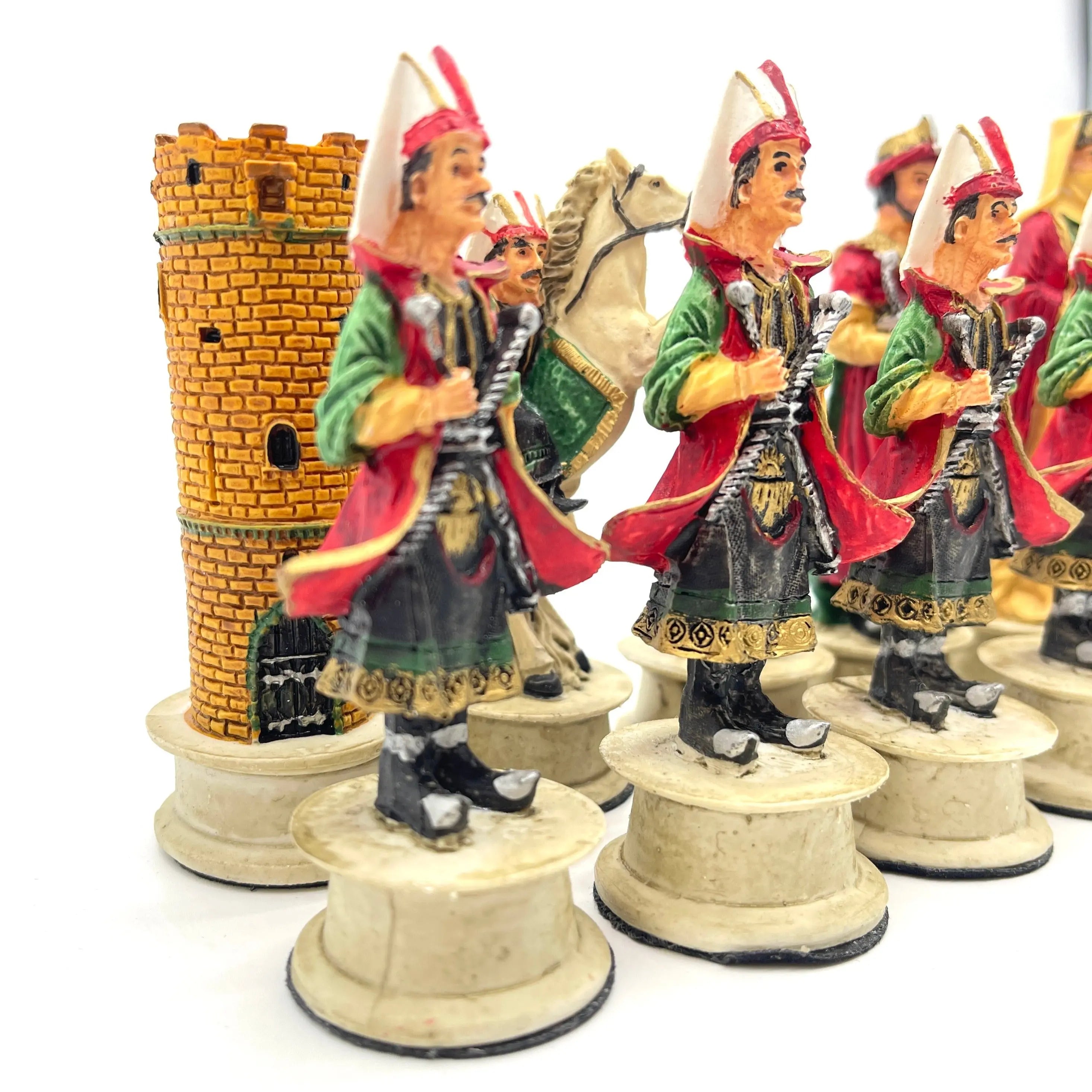 Handmade Red Ottomans & Blue Crusaders Polyester Chess Pieces Set