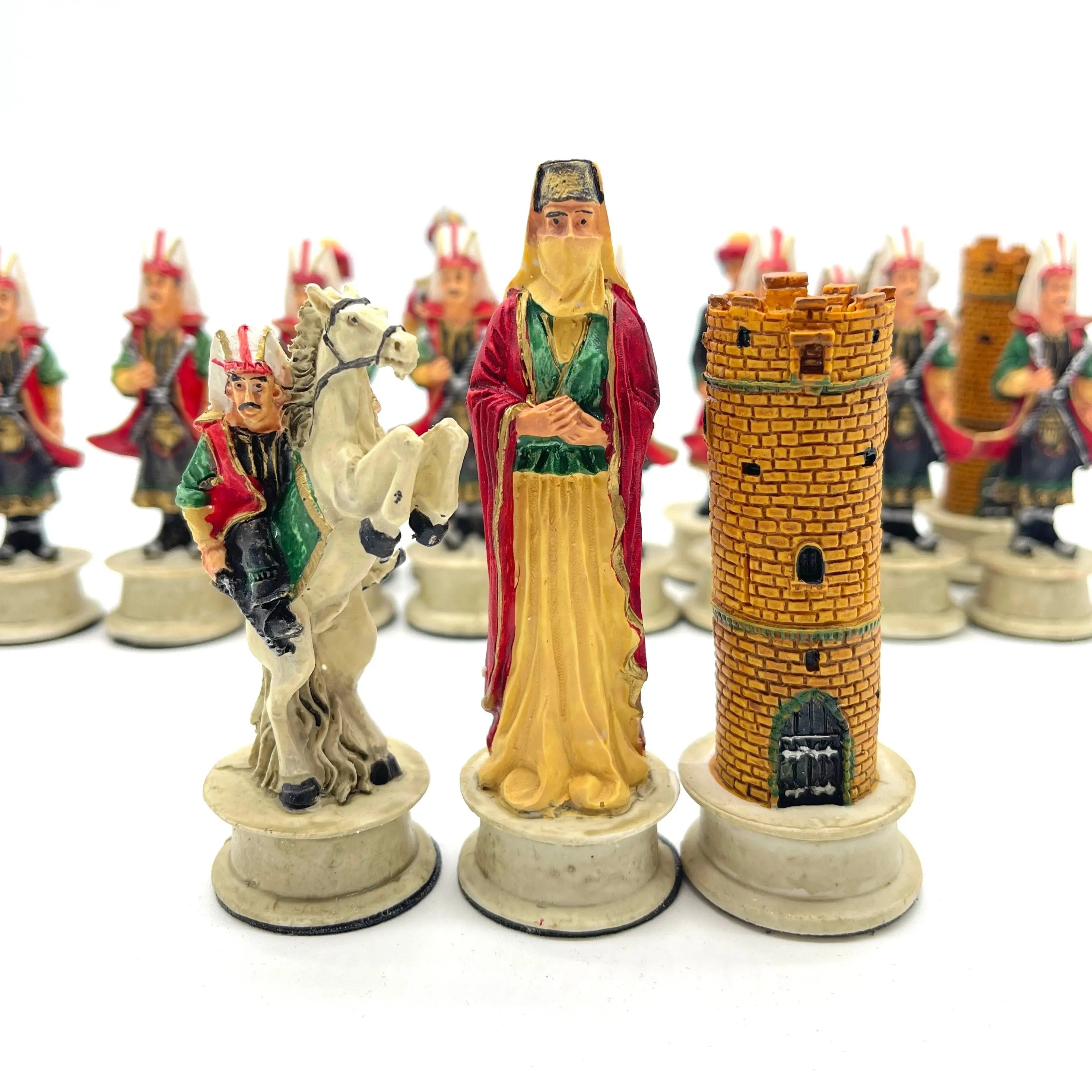 Handmade Red Ottomans & Blue Crusaders Polyester Chess Pieces Set