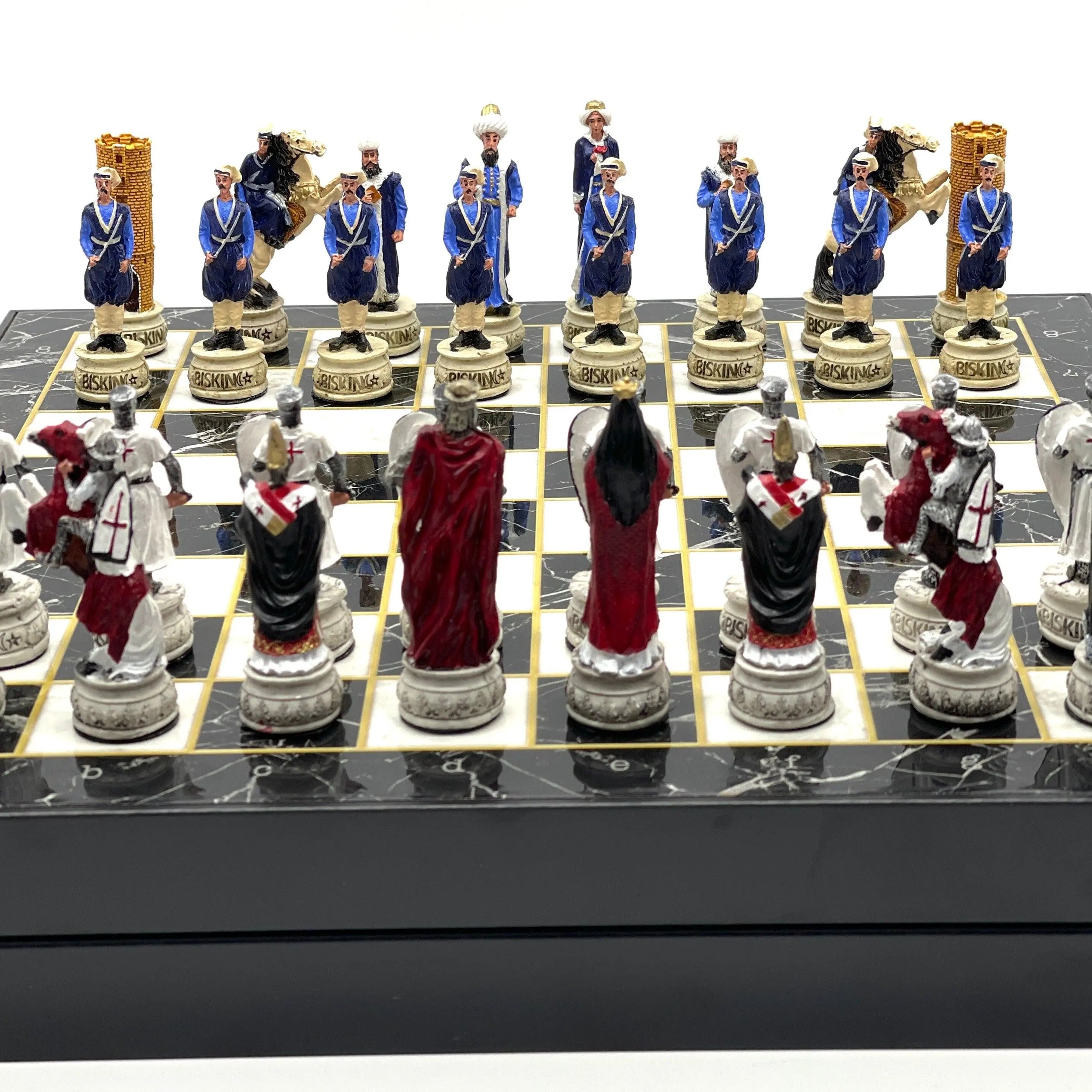 VIP Personalized Marble Patterned Folding Chess Set with Crusaders Chess Pieces Set - AsyaWoodArt