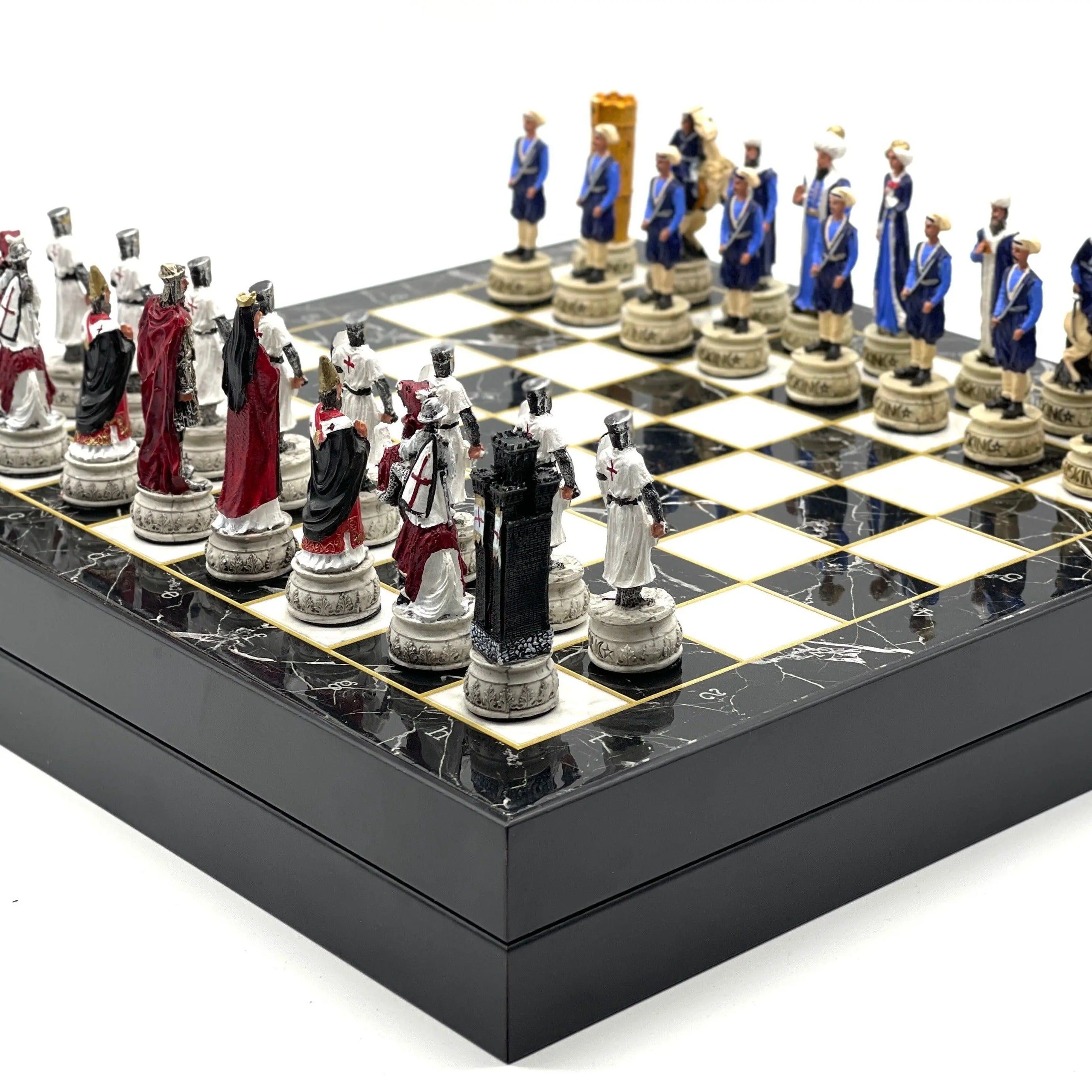 VIP Personalized Marble Patterned Folding Chess Set with Crusaders Chess Pieces Set - AsyaWoodArt