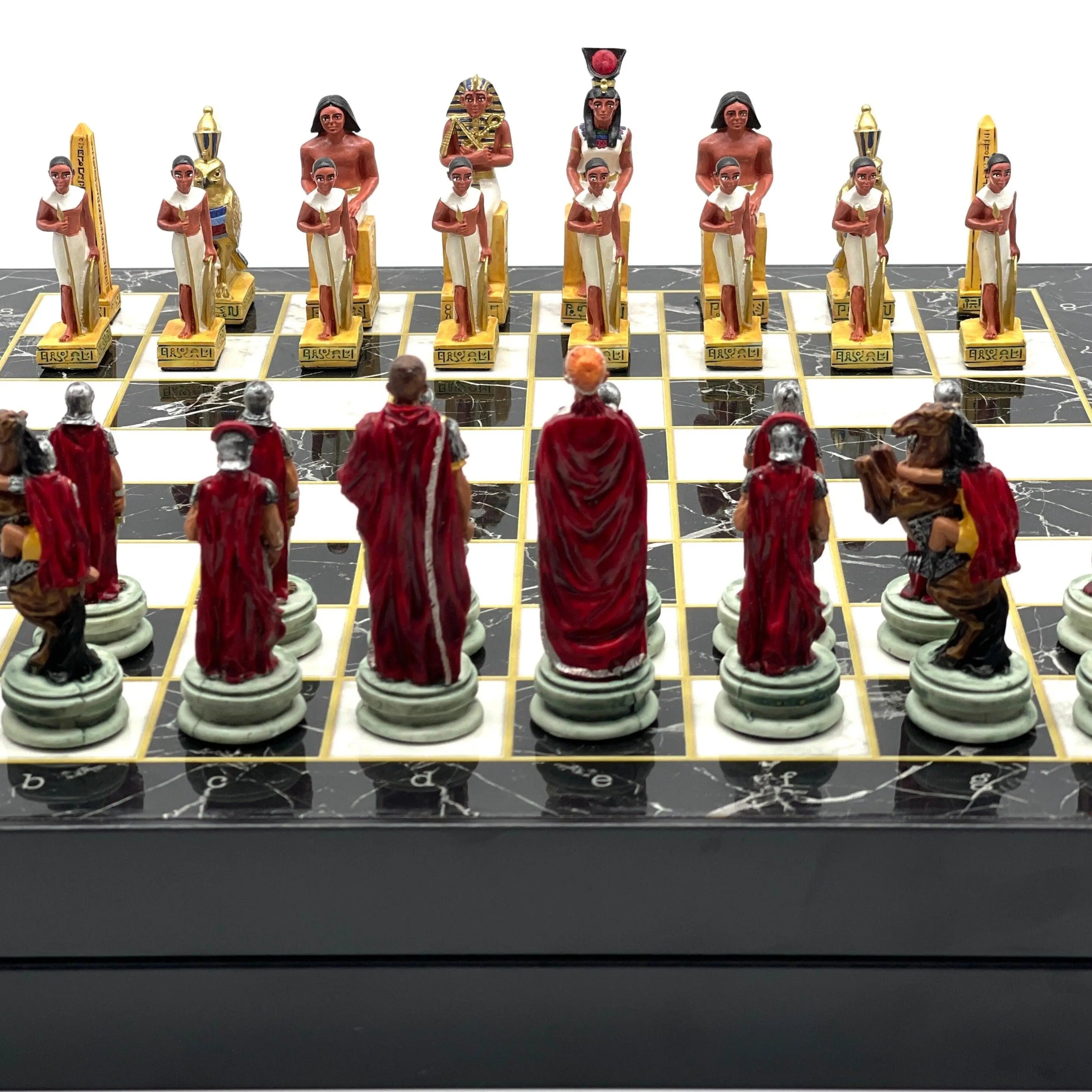 VIP Personalized Marble Patterned Folding Chess Set with Roman & Egyptian Chess Pieces - AsyaWoodArt