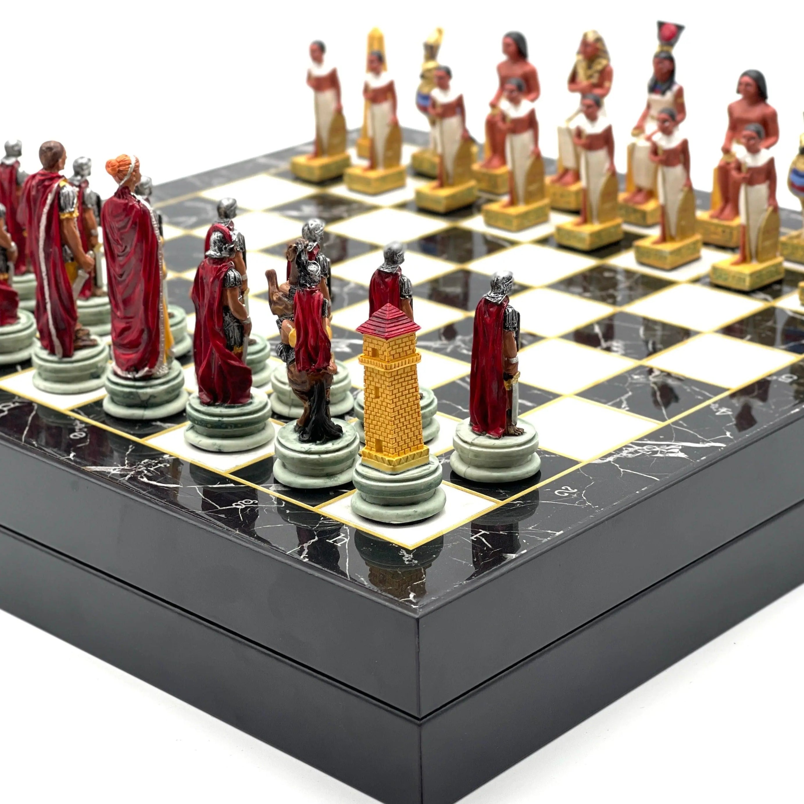 VIP Personalized Marble Patterned Folding Chess Set with Roman & Egyptian Chess Pieces - AsyaWoodArt