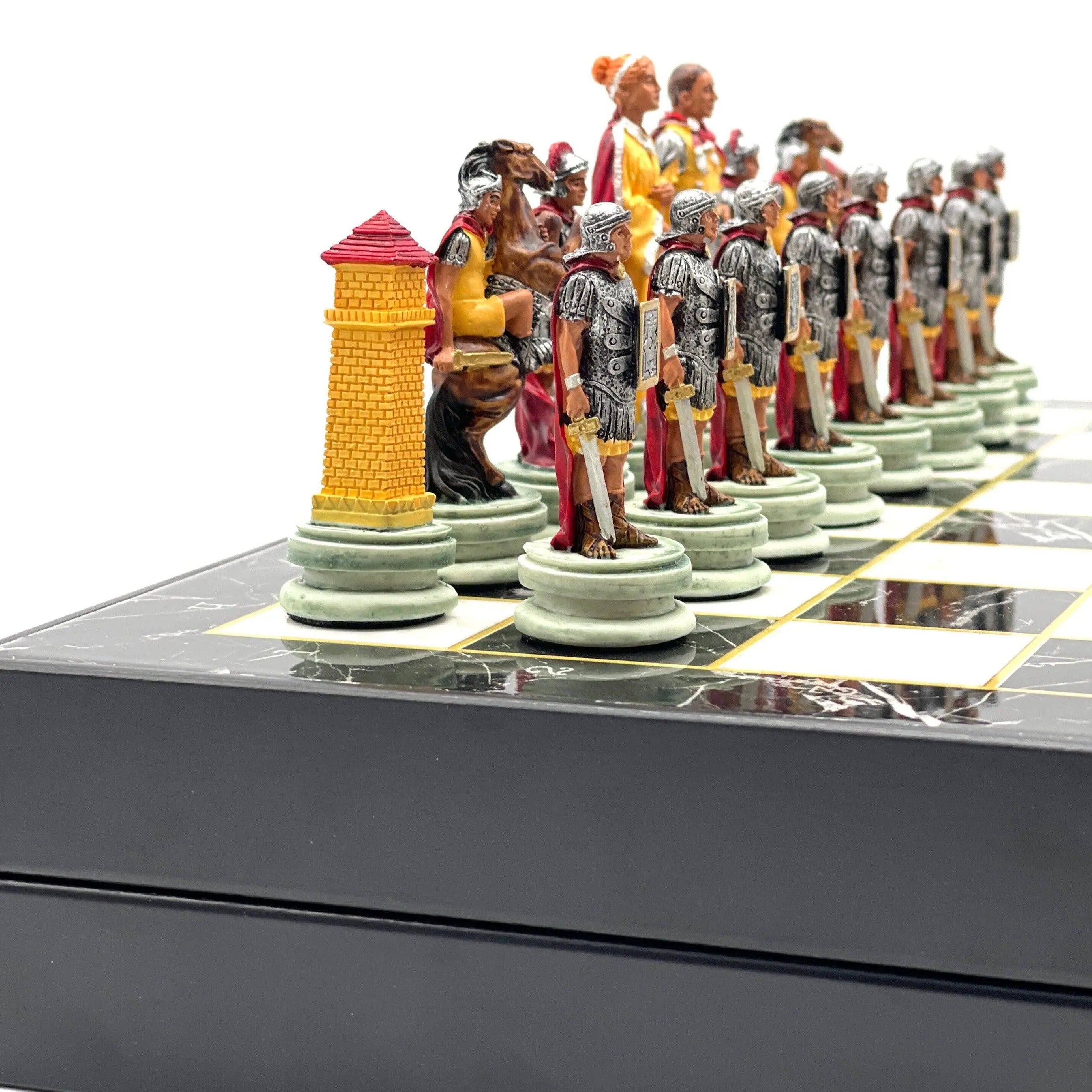 VIP Personalized Marble Patterned Folding Chess Set with Roman & Egyptian Chess Pieces - AsyaWoodArt