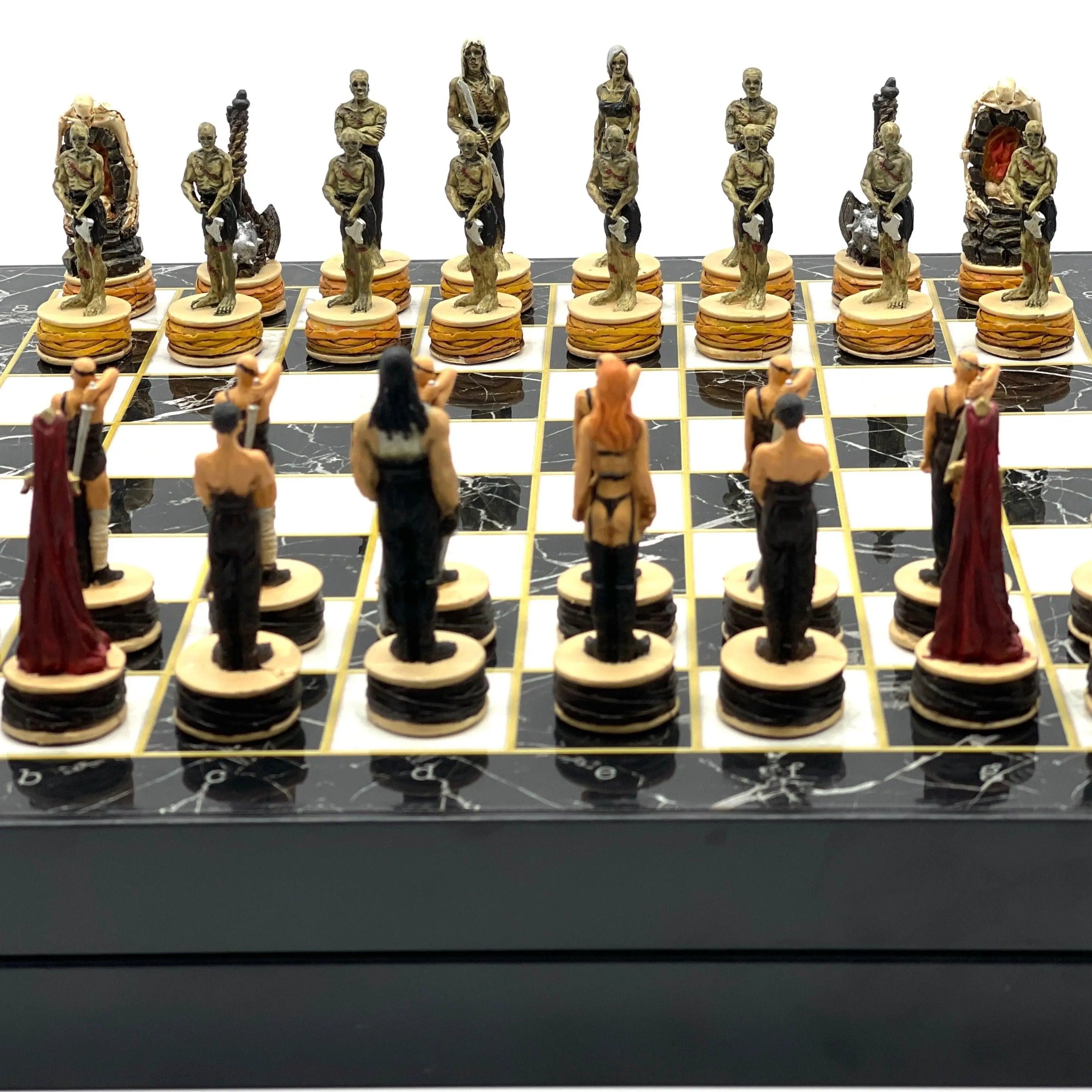 Zombie Series Polyester Chess Pieces Set With Marble Patterned Folding Chess Set - AsyaWoodArt