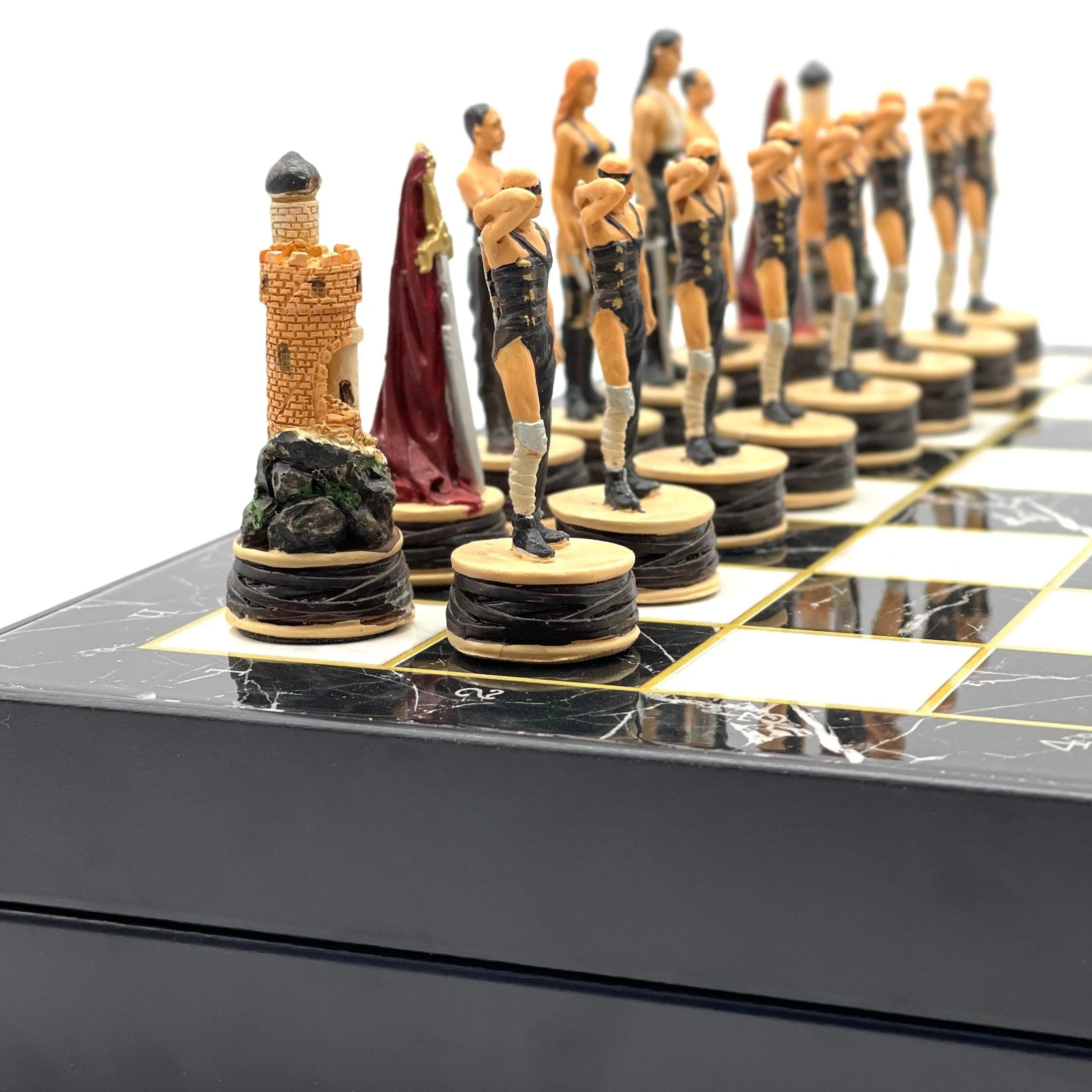 Zombie Series Polyester Chess Pieces Set With Marble Patterned Folding Chess Set - AsyaWoodArt