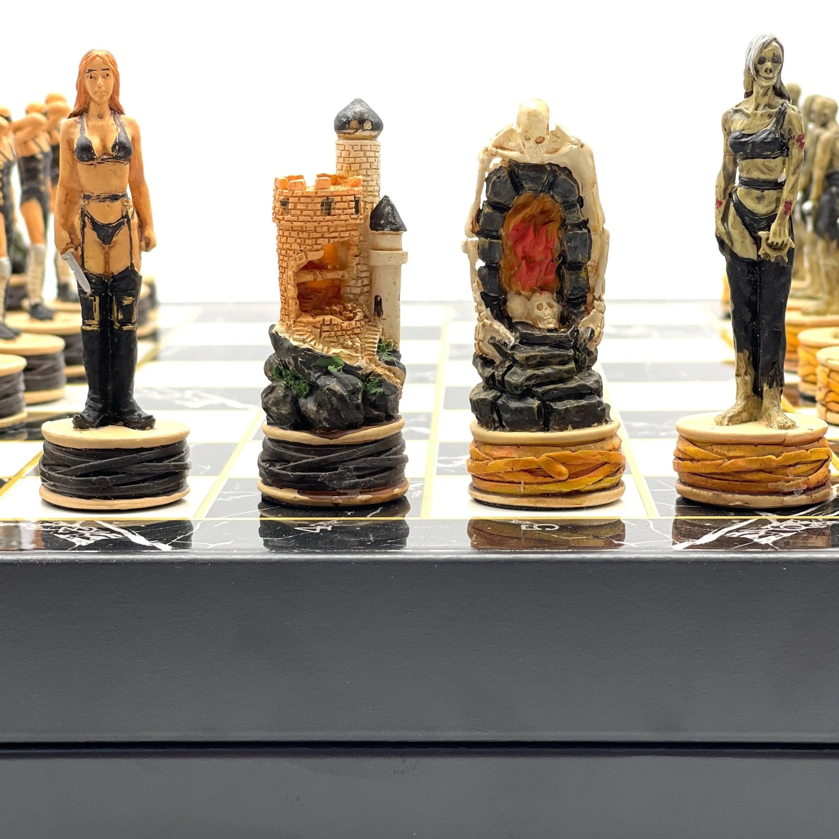 Zombie Series Polyester Chess Pieces Set With Marble Patterned Folding Chess Set - AsyaWoodArt