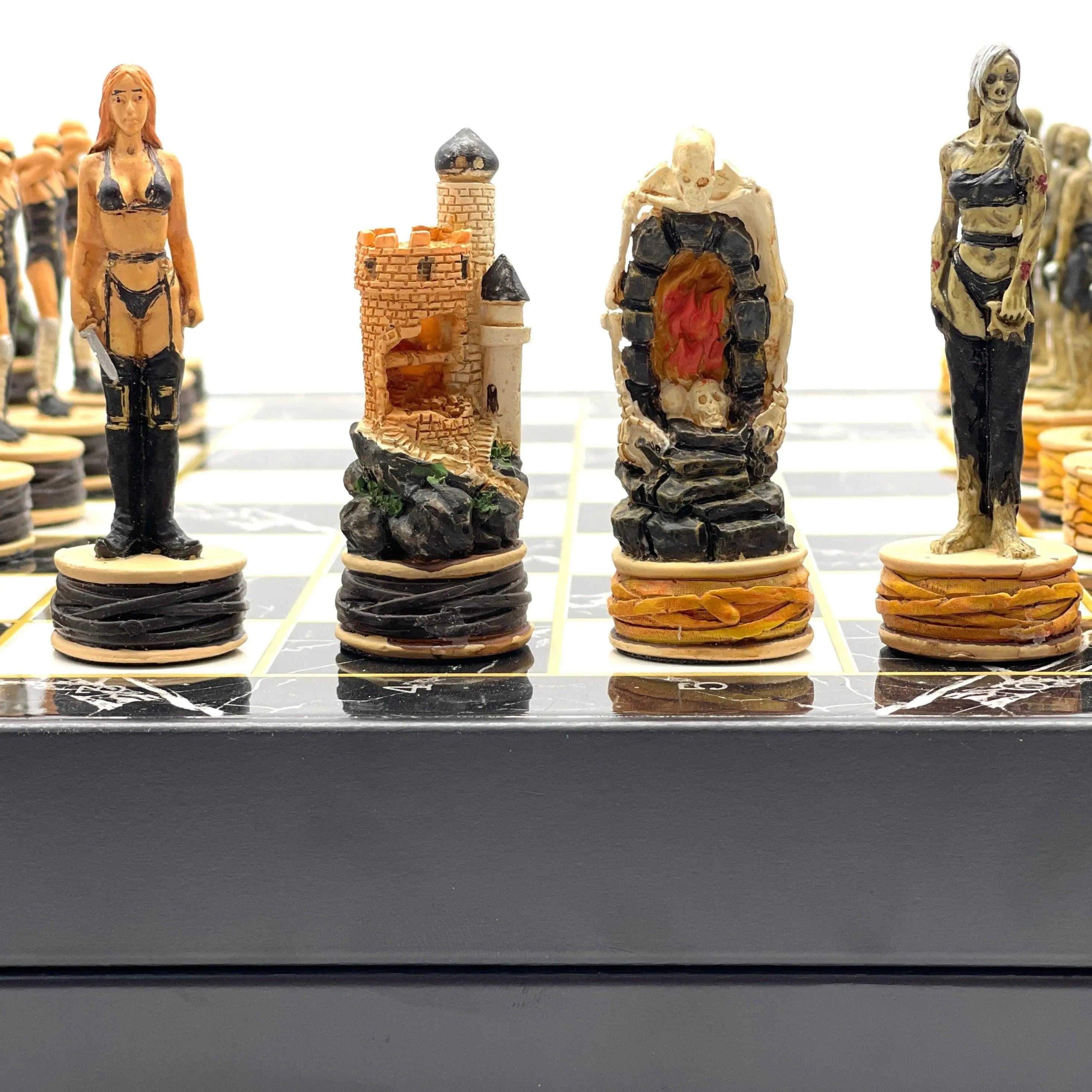 Zombie Series Polyester Chess Pieces Set With Marble Patterned Folding Chess Set - AsyaWoodArt