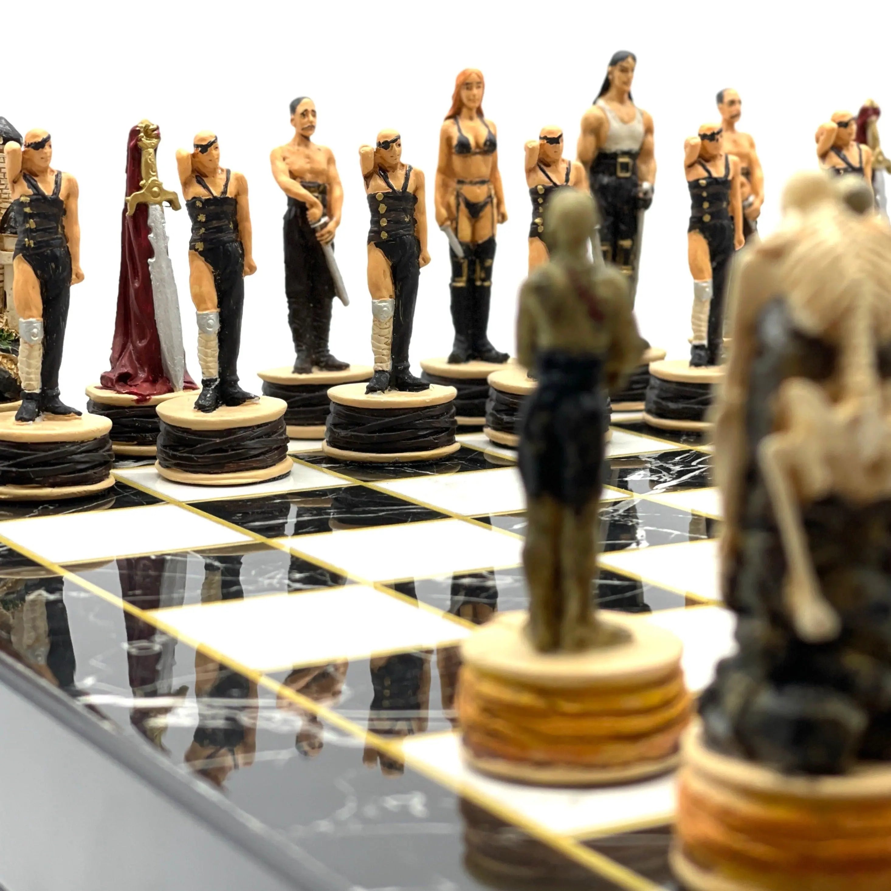 Zombie Series Polyester Chess Pieces Set With Marble Patterned Folding Chess Set - AsyaWoodArt