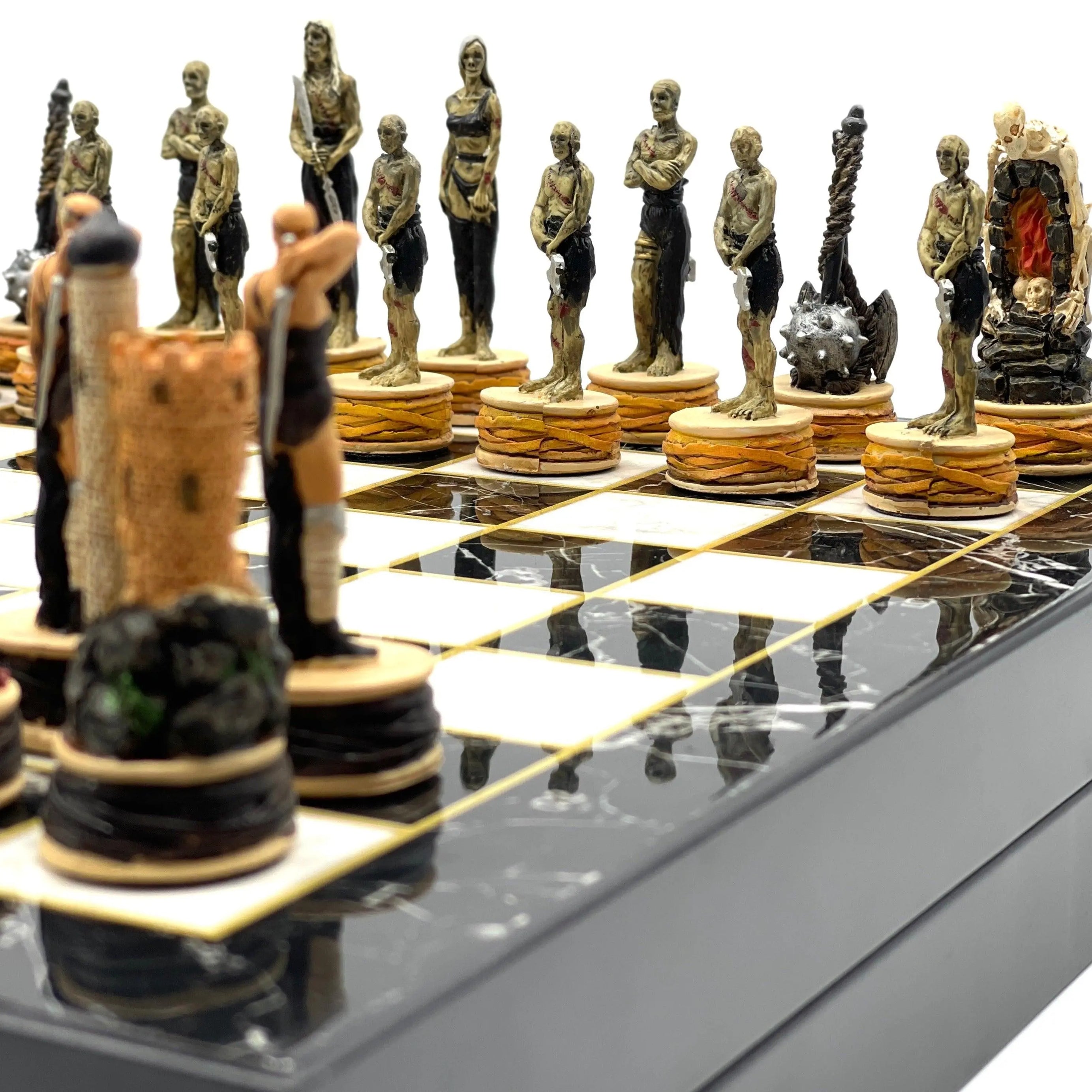 Zombie Series Polyester Chess Pieces Set With Marble Patterned Folding Chess Set - AsyaWoodArt