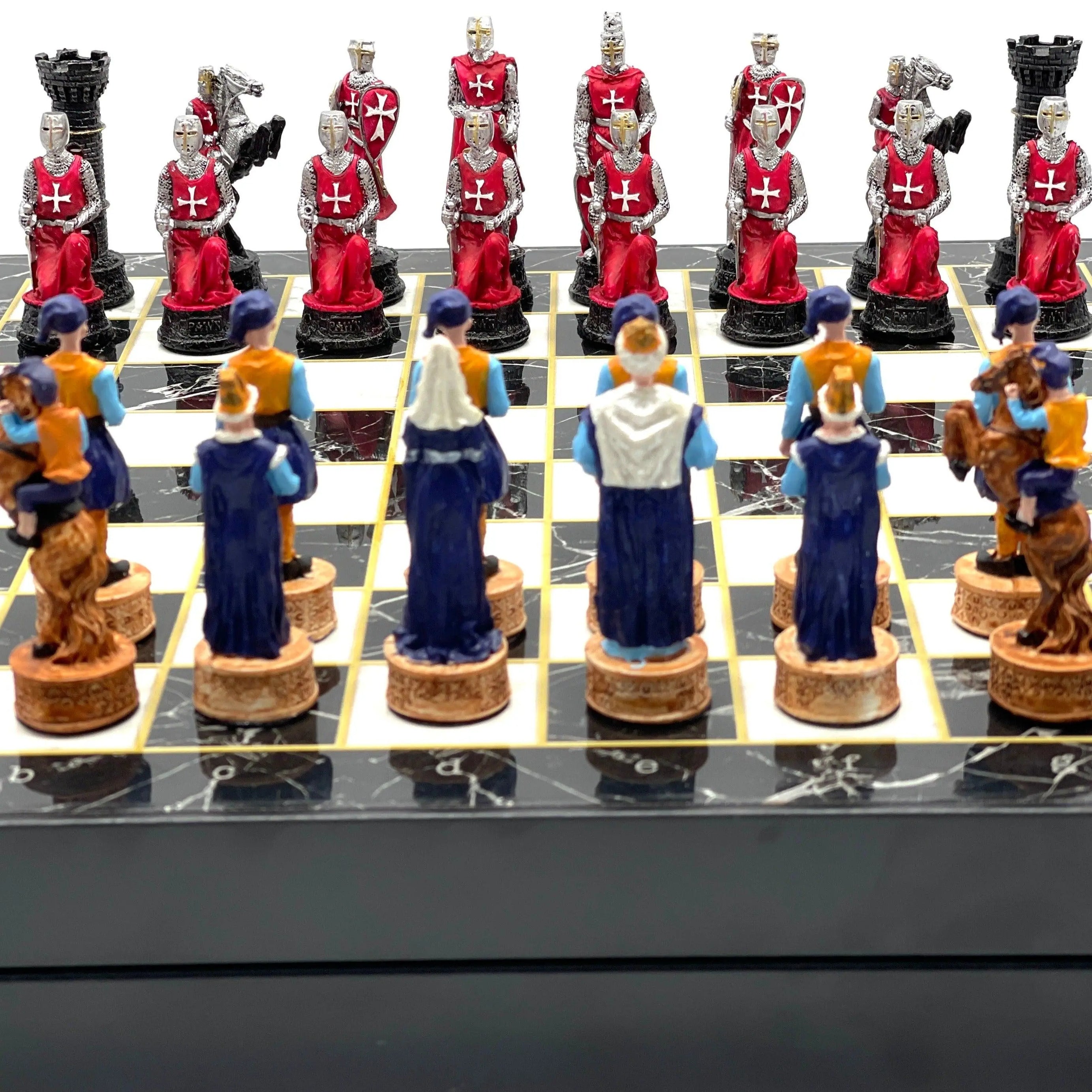 VIP Personalized Marble Patterned Folding Chess Set with Crusaders & Ottomans Chess Pieces - AsyaWoodArt