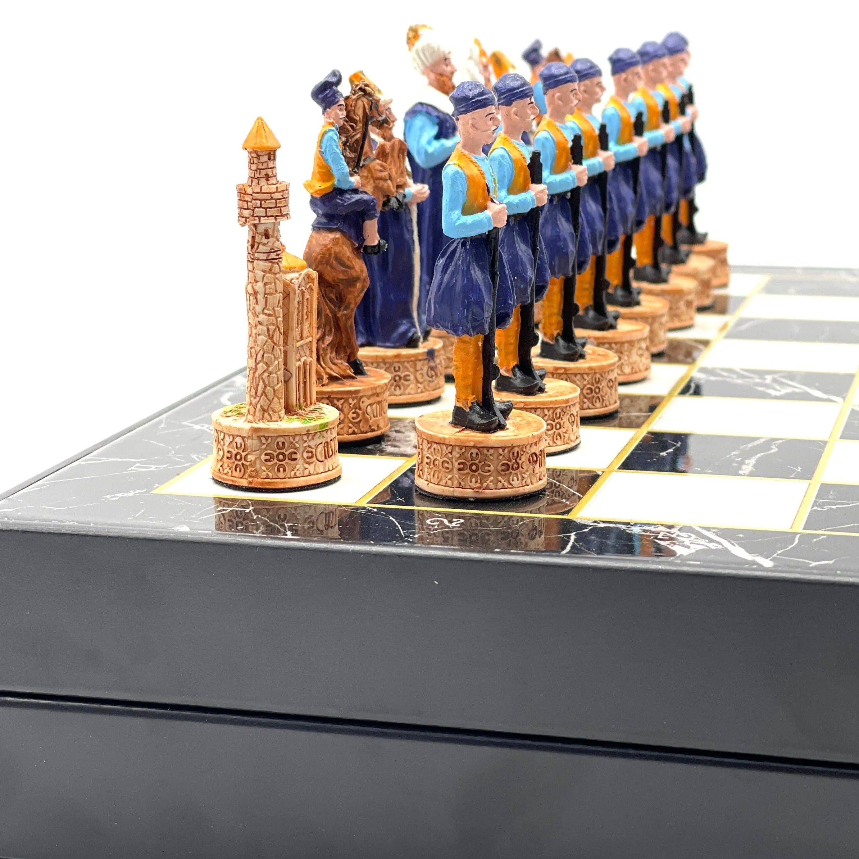 VIP Personalized Marble Patterned Folding Chess Set with Crusaders & Ottomans Chess Pieces - AsyaWoodArt