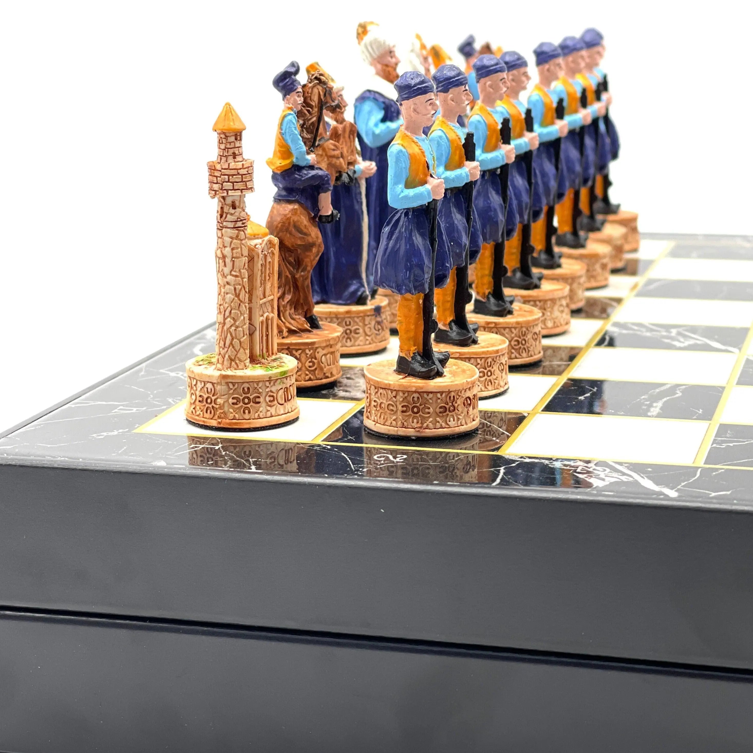 VIP Personalized Marble Patterned Folding Chess Set with Crusaders & Ottomans Chess Pieces - AsyaWoodArt