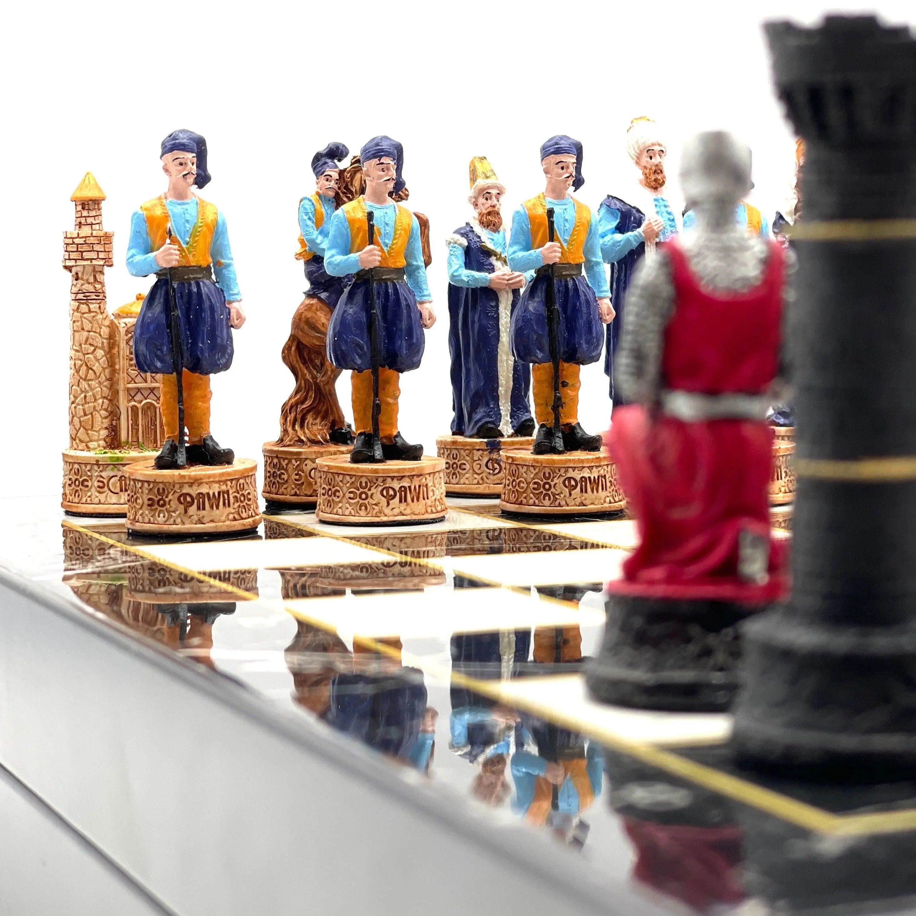 VIP Personalized Marble Patterned Folding Chess Set with Crusaders & Ottomans Chess Pieces - AsyaWoodArt